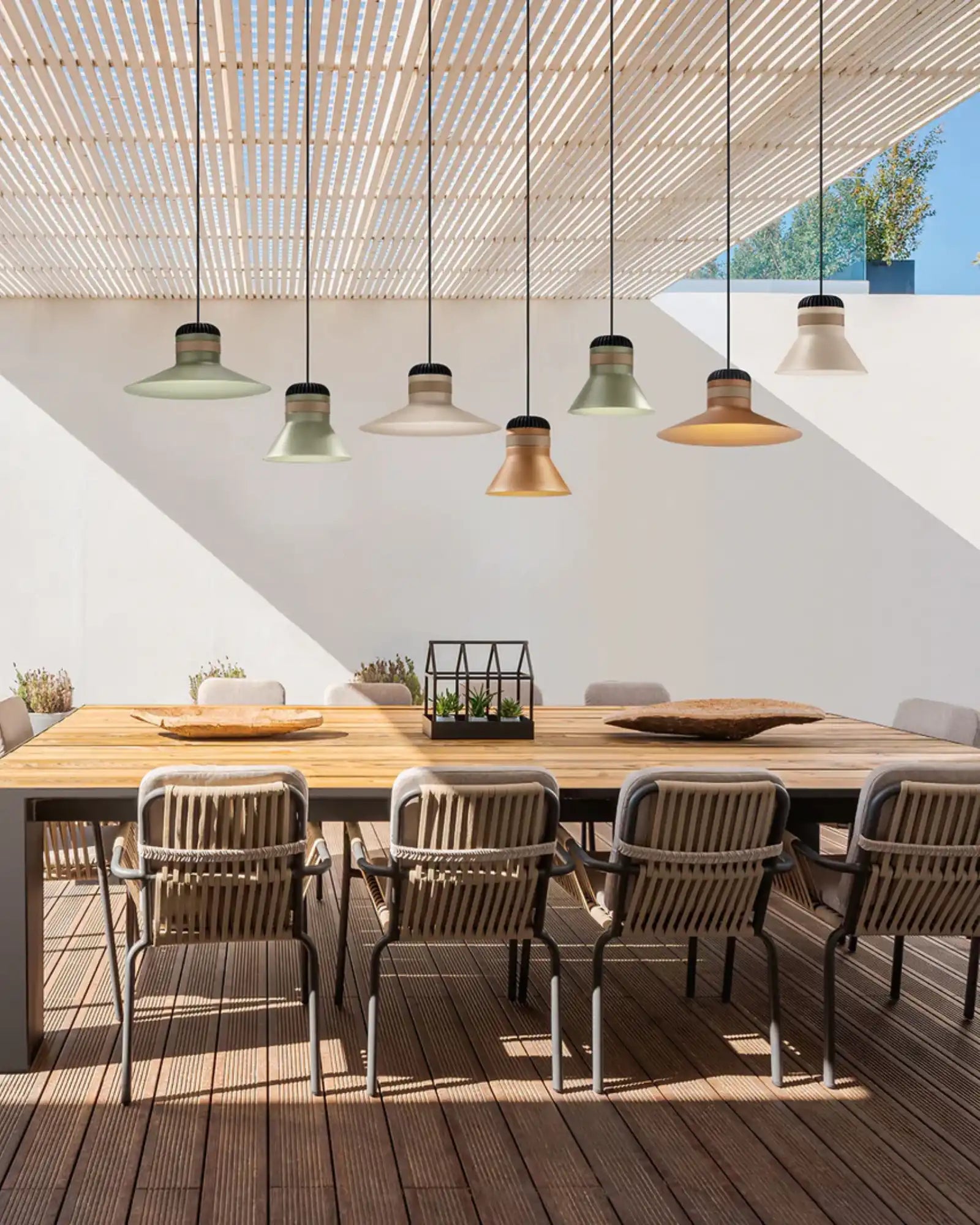 Cordea Outdoor Pendant Light by Masiero Lighting featured in an outdoor dining area | Nook Collections