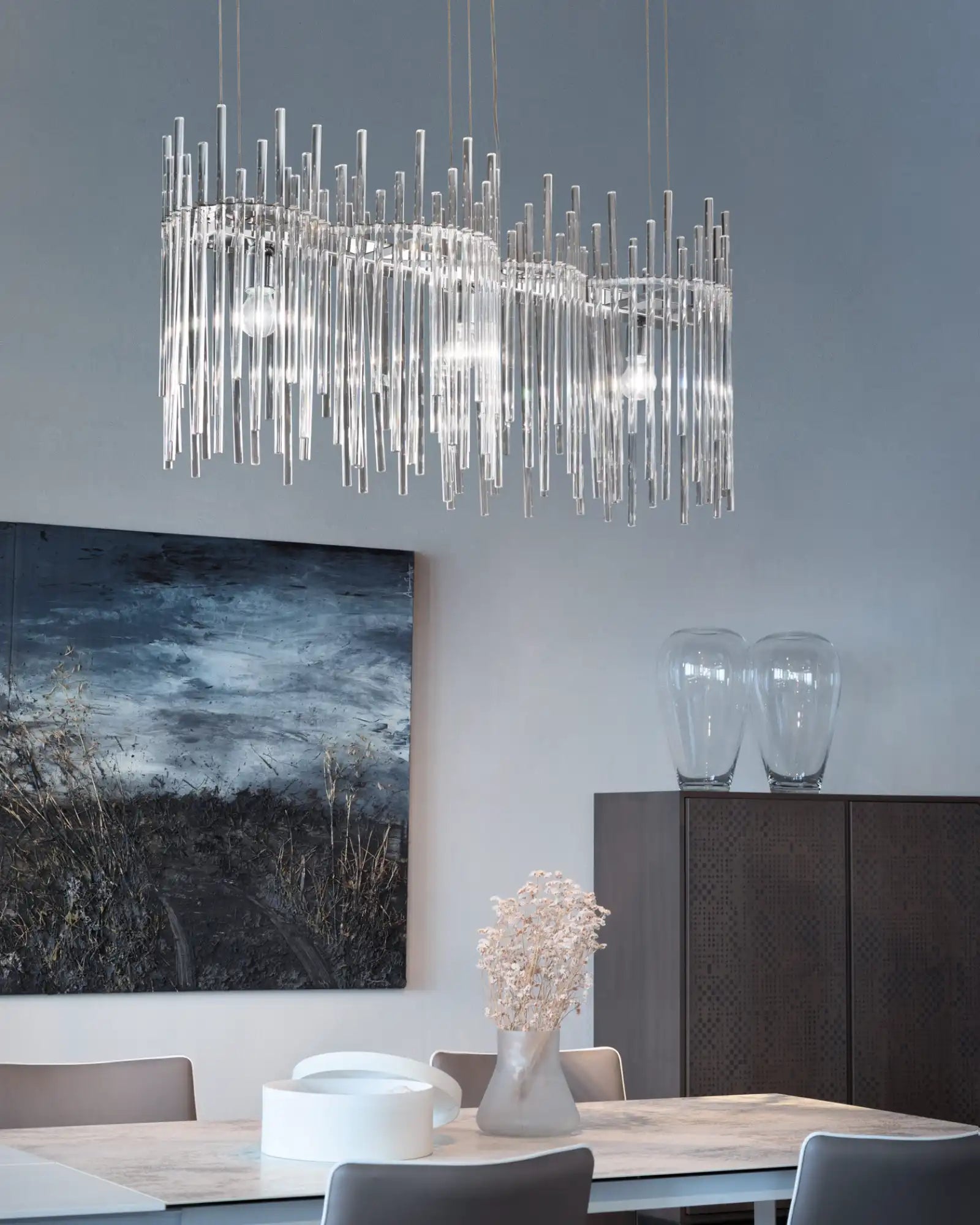 Vistosi Lighting Diadema K3 Chandelier featured within a contemporary dining | Nook Collections