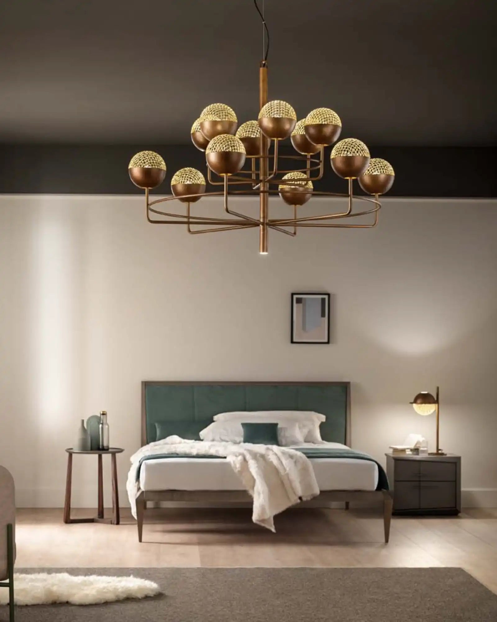 Iglu Chandelier by Masiero Lighting featured within a contemporary bedroom | Nook Collections