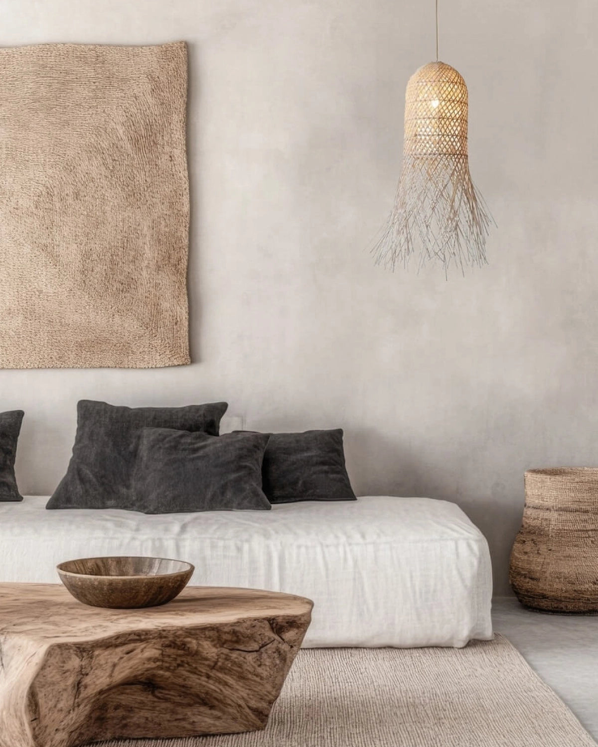 Natural Rattan Pendant Light - Fringed Dome