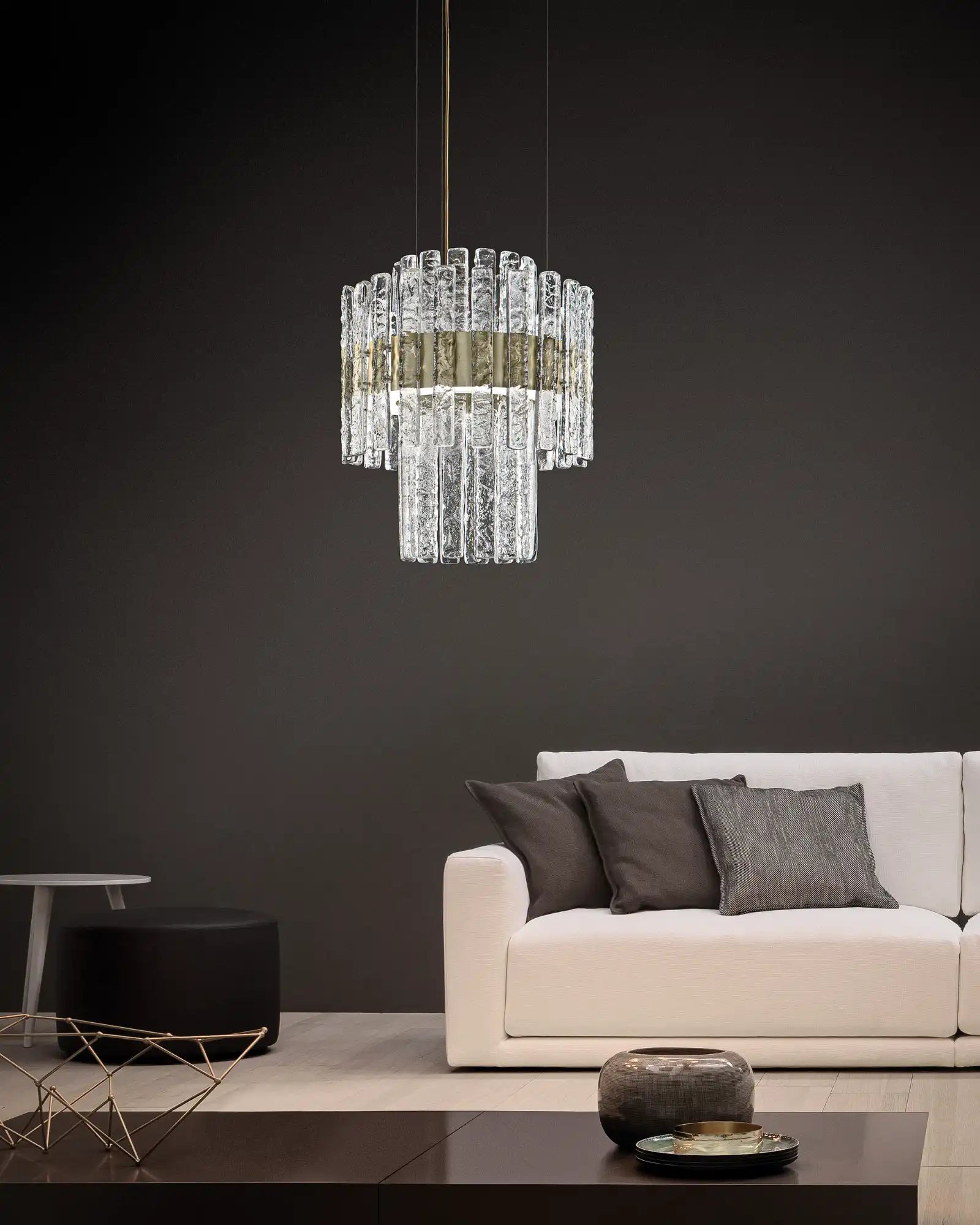 Vegas Chandelier by Masiero Lighting featured within a hotel lounge | Nook Collections