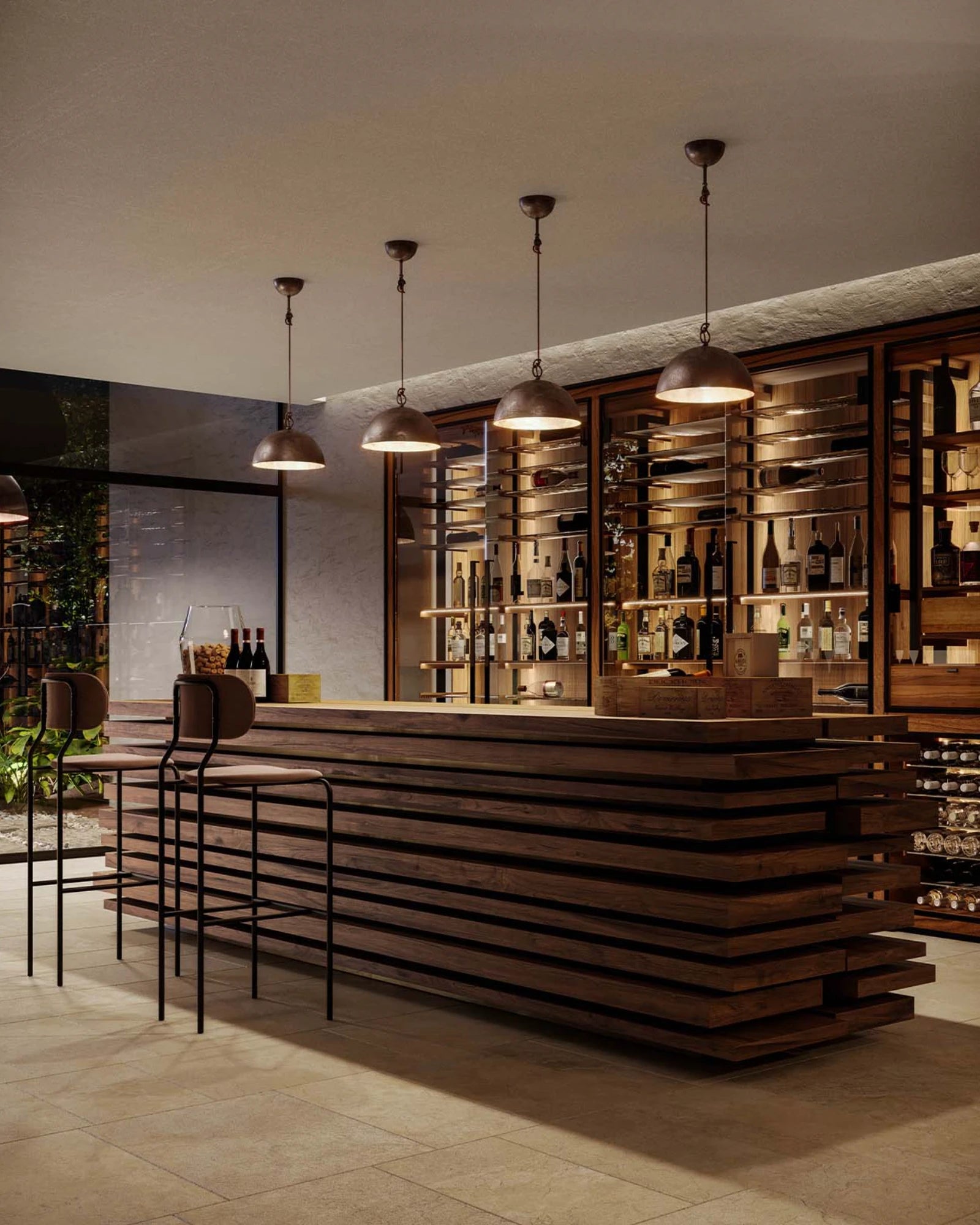 Modern bar interior with wooden counter, wine bottles within bar and Galileo pendant lights featured in a line.