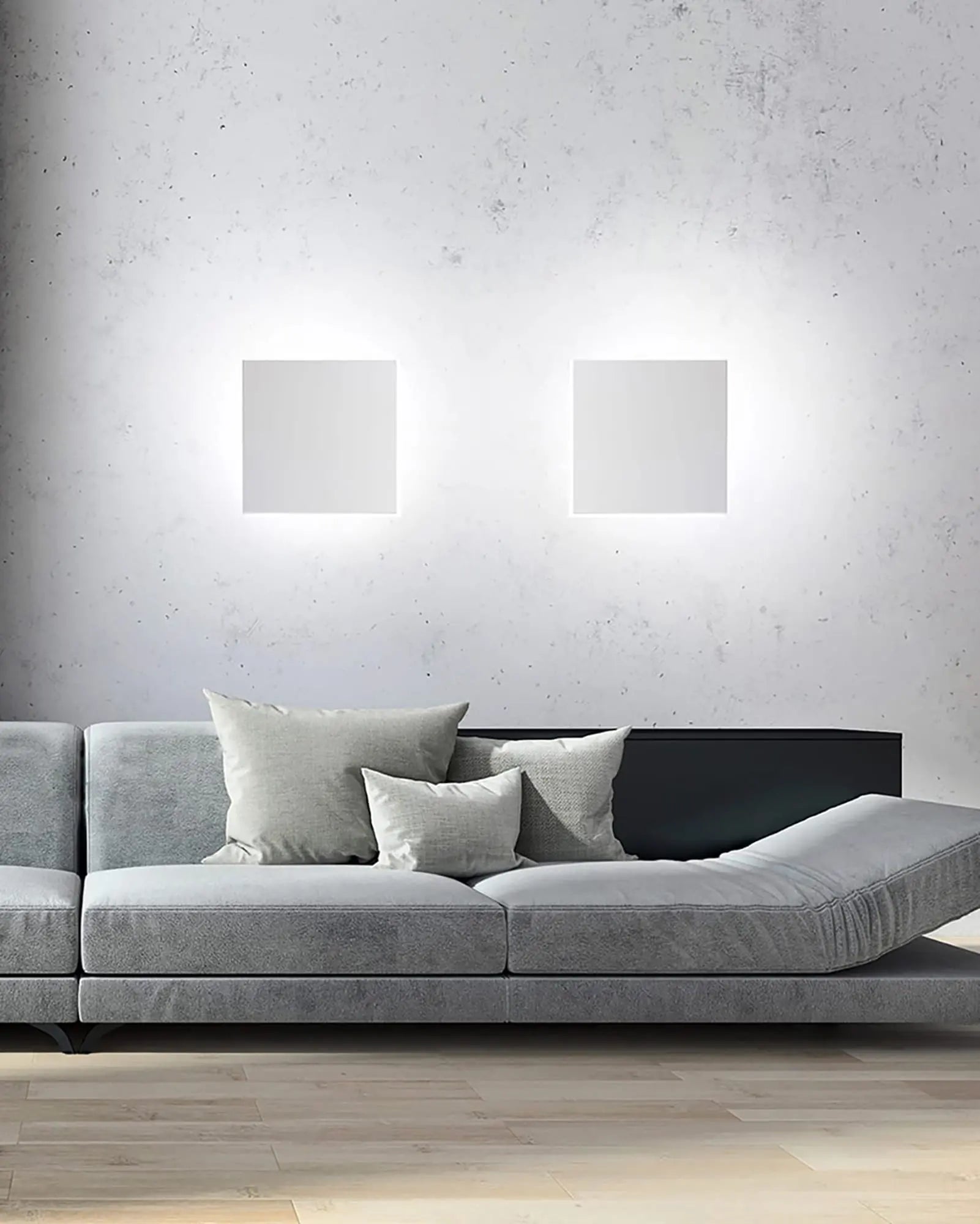 Aldecimo made in Italy square flat wall light cluster above a sofa lounge area