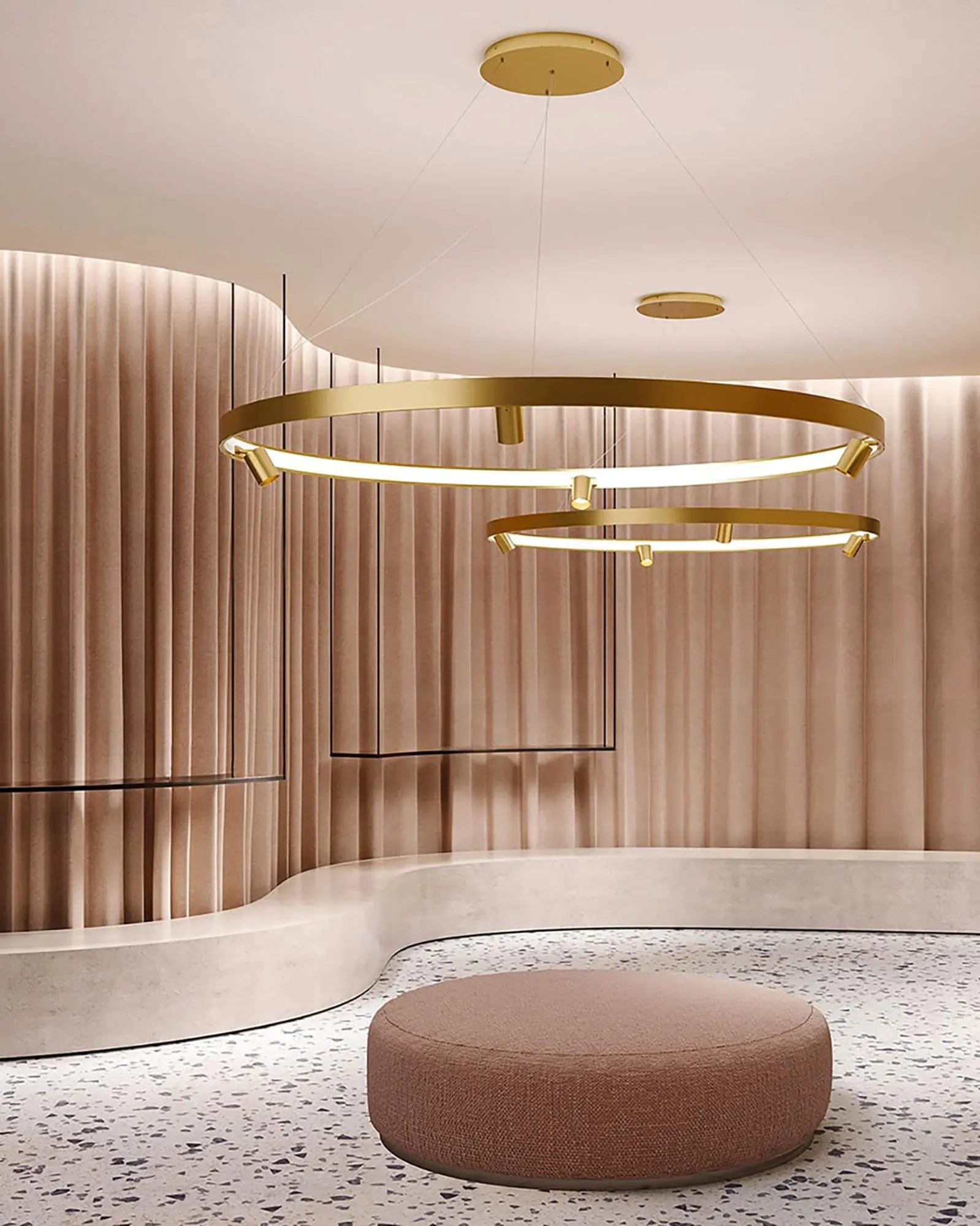 Arena circular pendant light with spotlight in a lounge area
