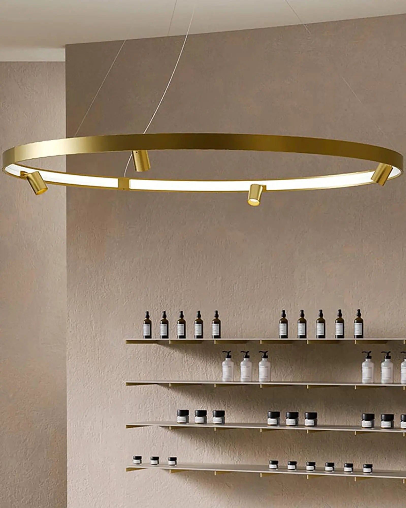 Arena circular pendant light with spotlight in a shop