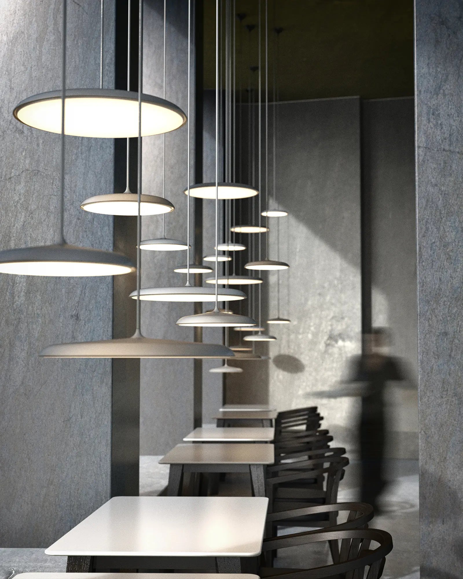 Artist Scandinavian flat dome pendant light cluster in a cafe above tables