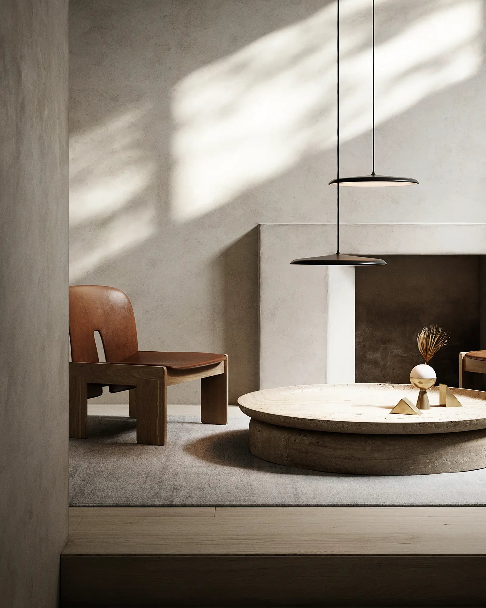 Artist Scandinavian flat dome pendant light above a marble coffee table