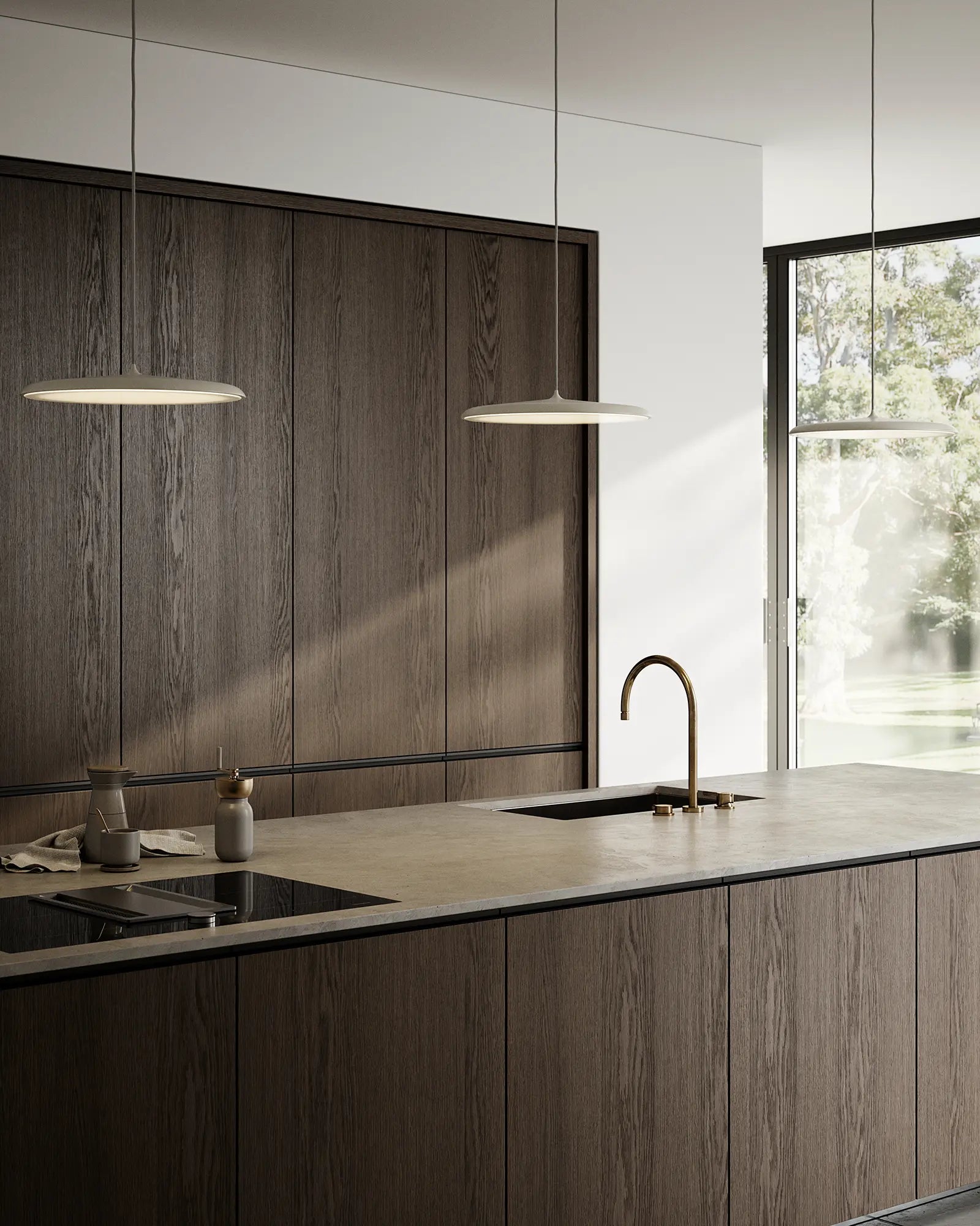 Artist Scandinavian flat dome pendant light cluster above a kitchen island