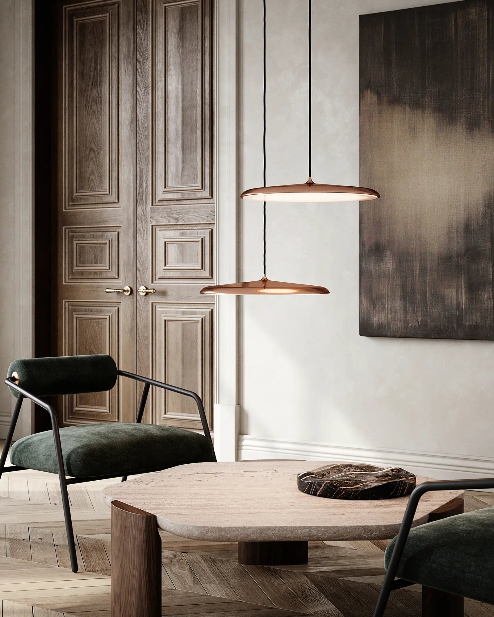 Artist Scandinavian flat dome pendant light above a coffee table