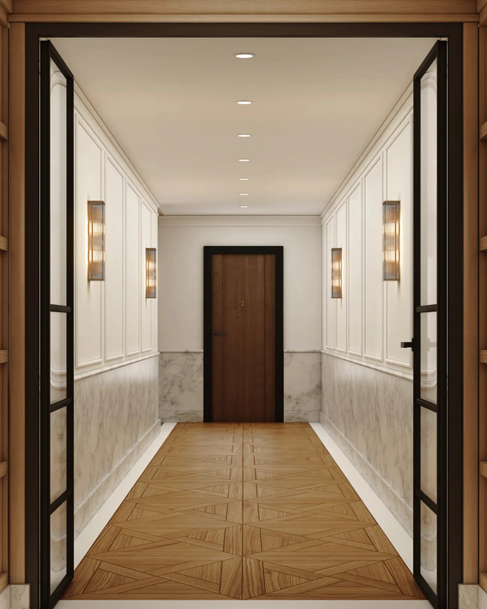 Avignon round wall light in brass large hotel hallway