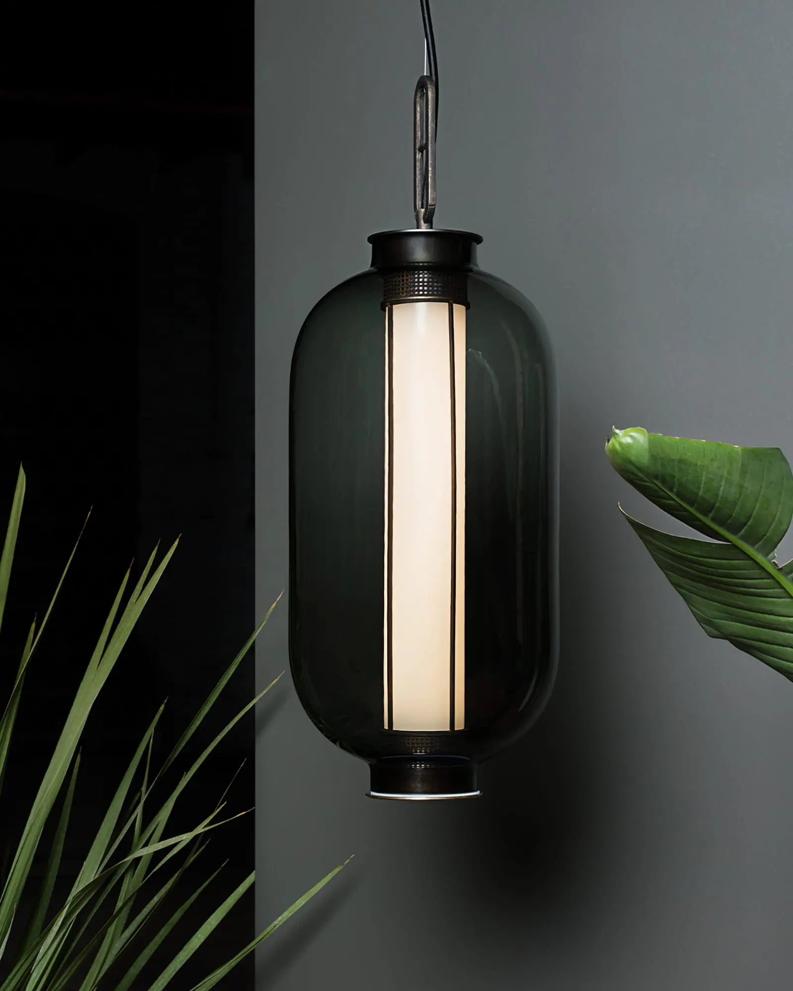 Bai Ba Ba tall bronze and blown glass Chinese lantern style pendant light grey glass detail