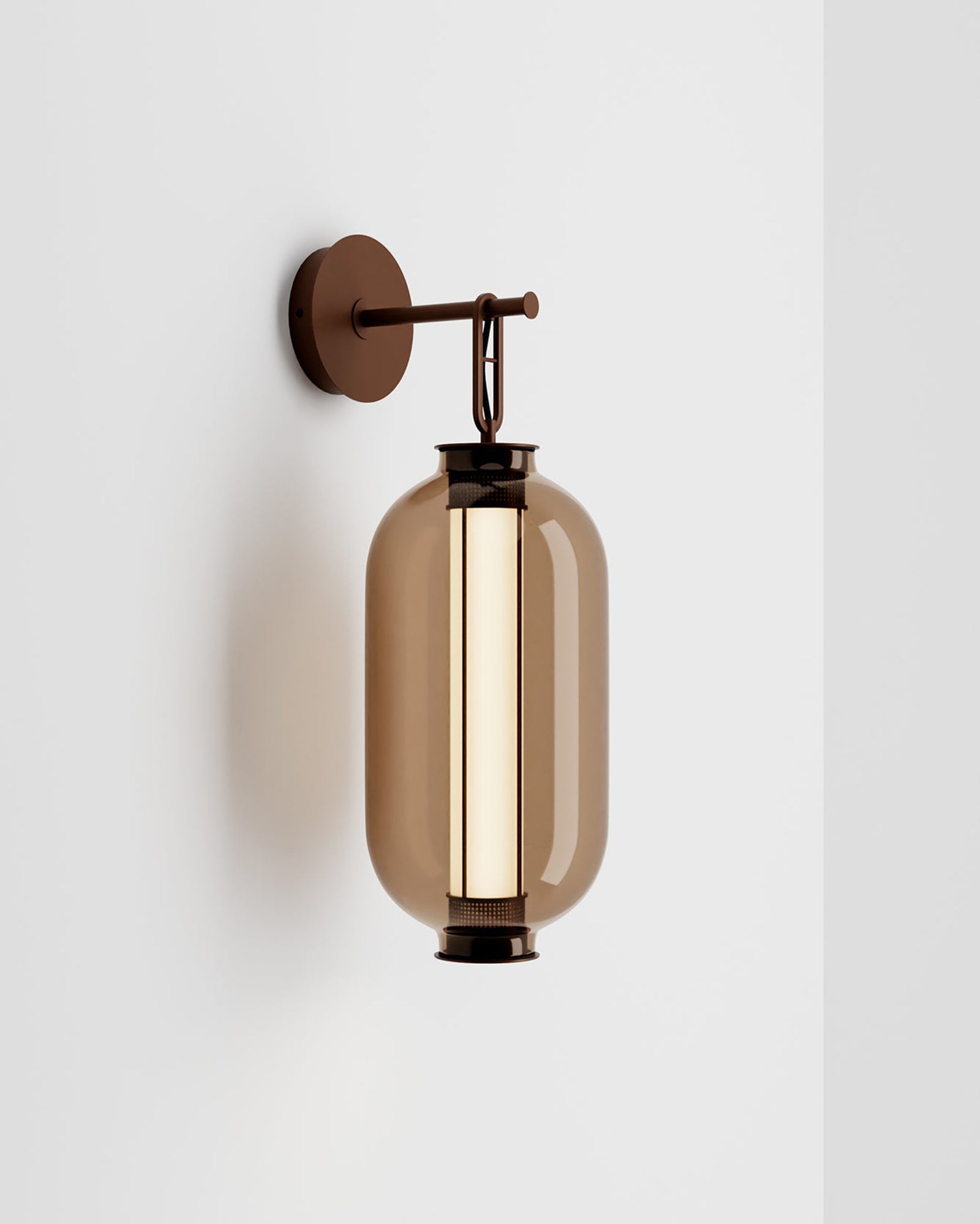 Bai Ba Ba large wall light in antique bronze steel and blown glass Chinese style lantern amber diffuser