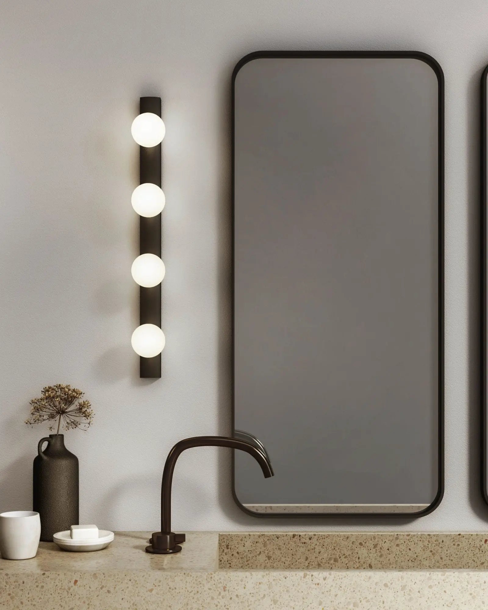 cabaret 4 lights classic bathroom orb opal glass shades on a backplate on the mirror side