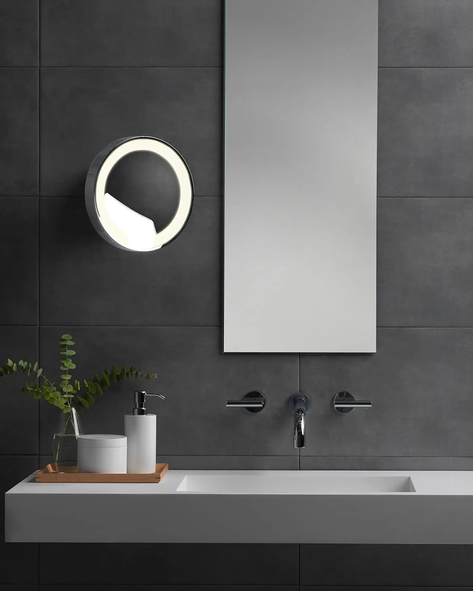 Catena LED adjustable round bathroom magnifying mirror with LED light on the mirror side