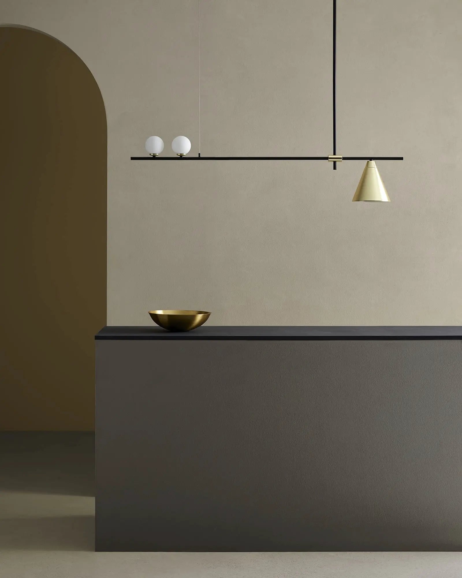 Crane contemporary geometrical linear pendant light above a bench top