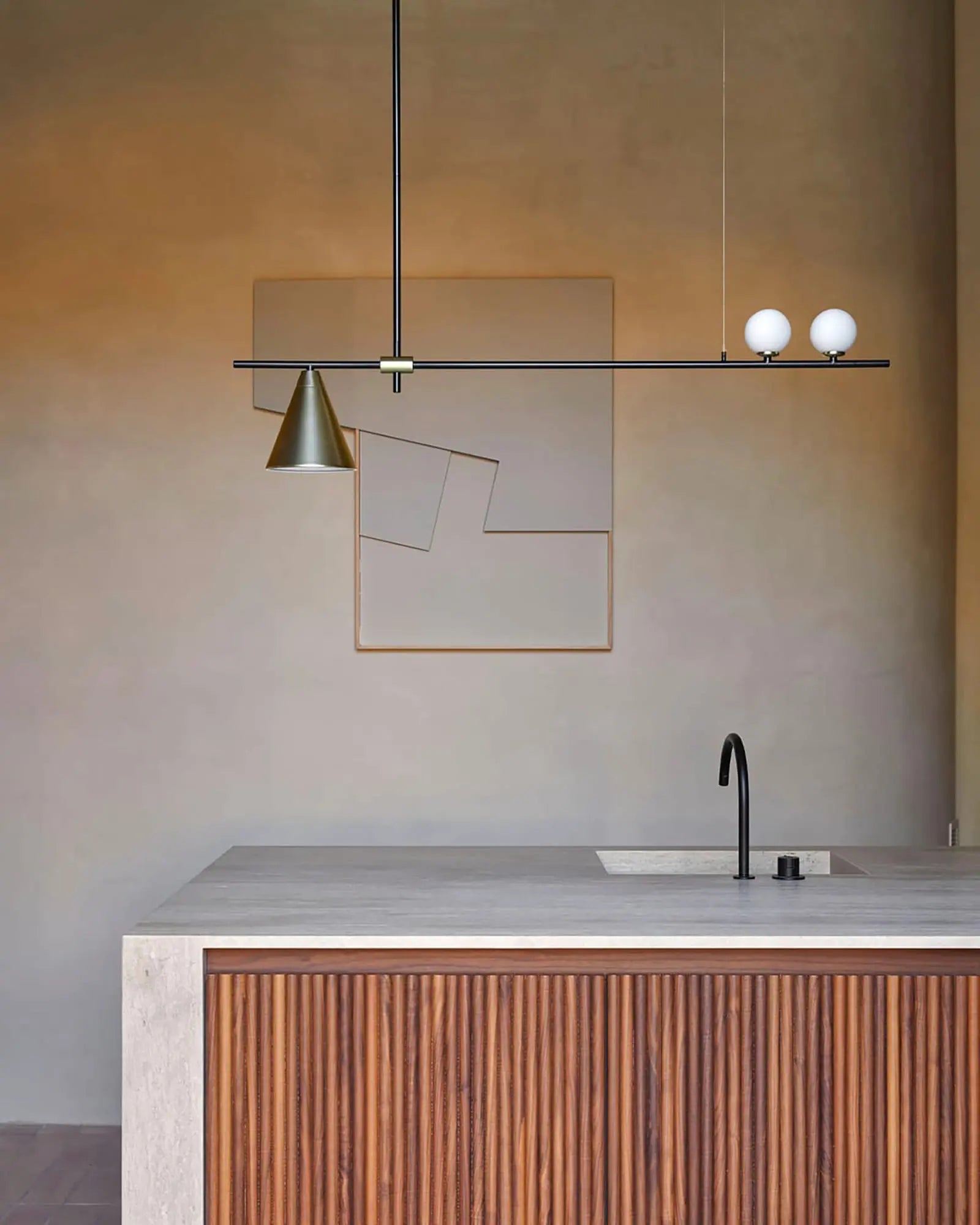 Crane contemporary geometrical linear pendant light above a kitchen island
