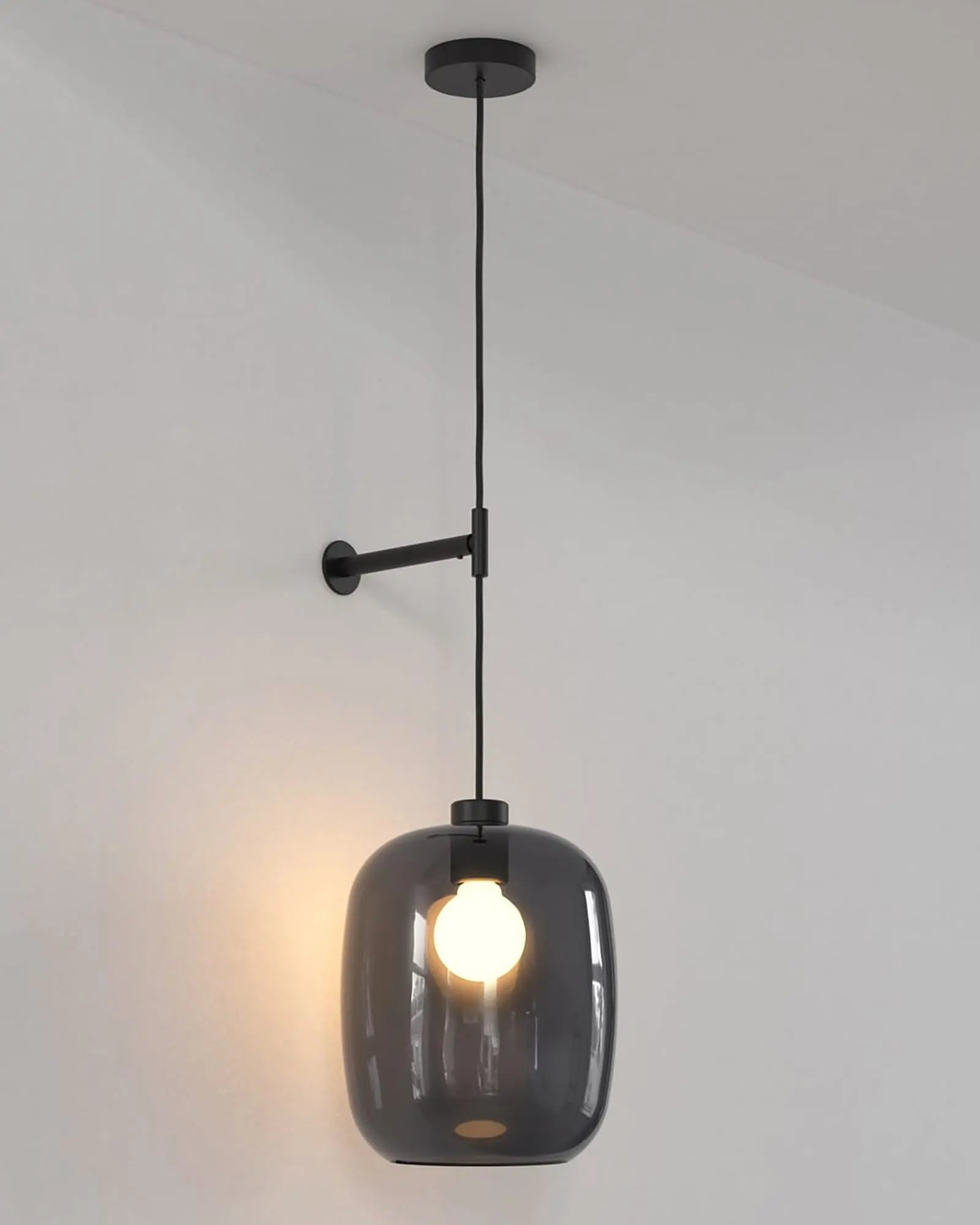 Curve contemporary pendant light with wall mount and smoke blown glass shade black large