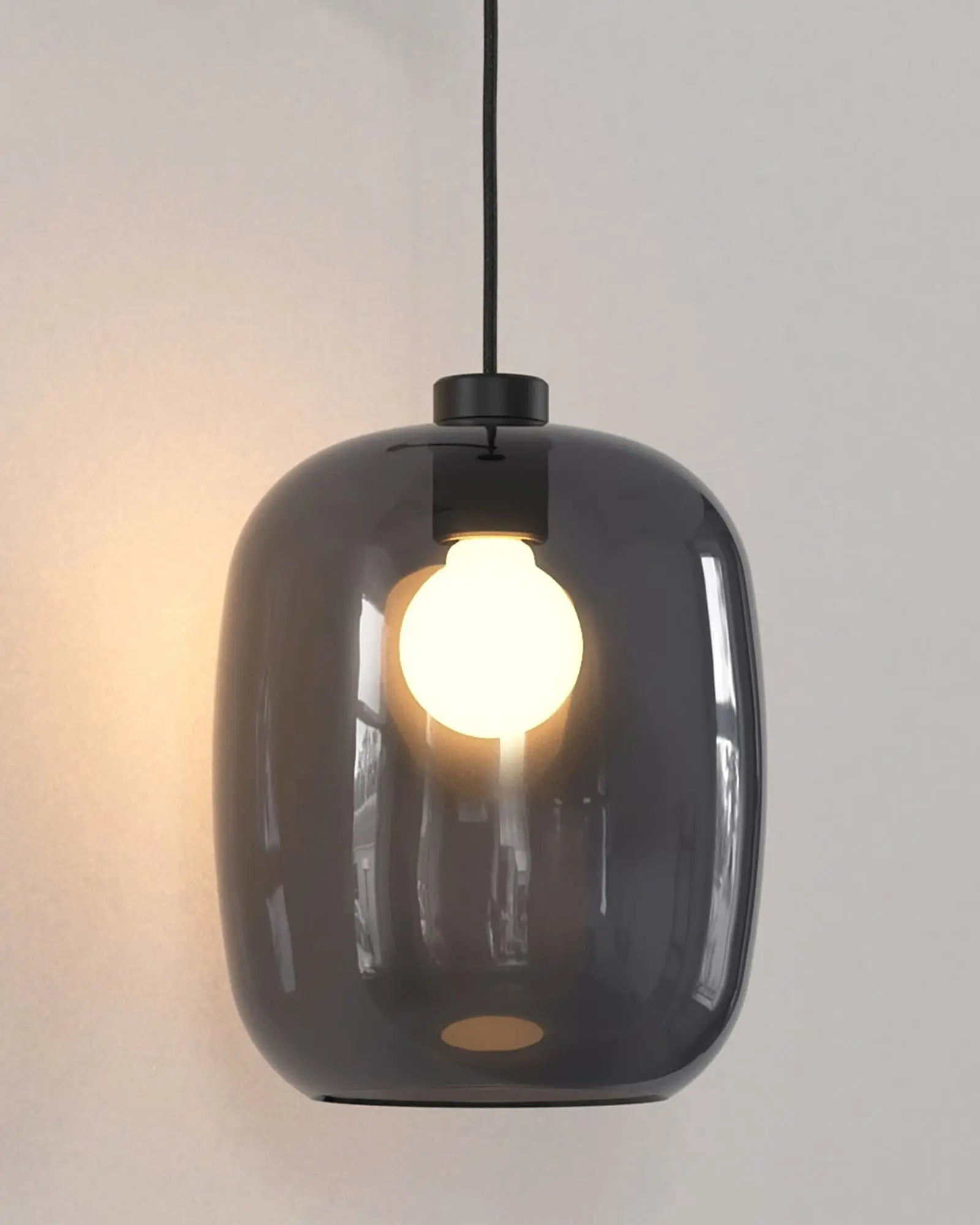 Curve contemporary pendant light with wall mount and smoke blown glass shade glass detail