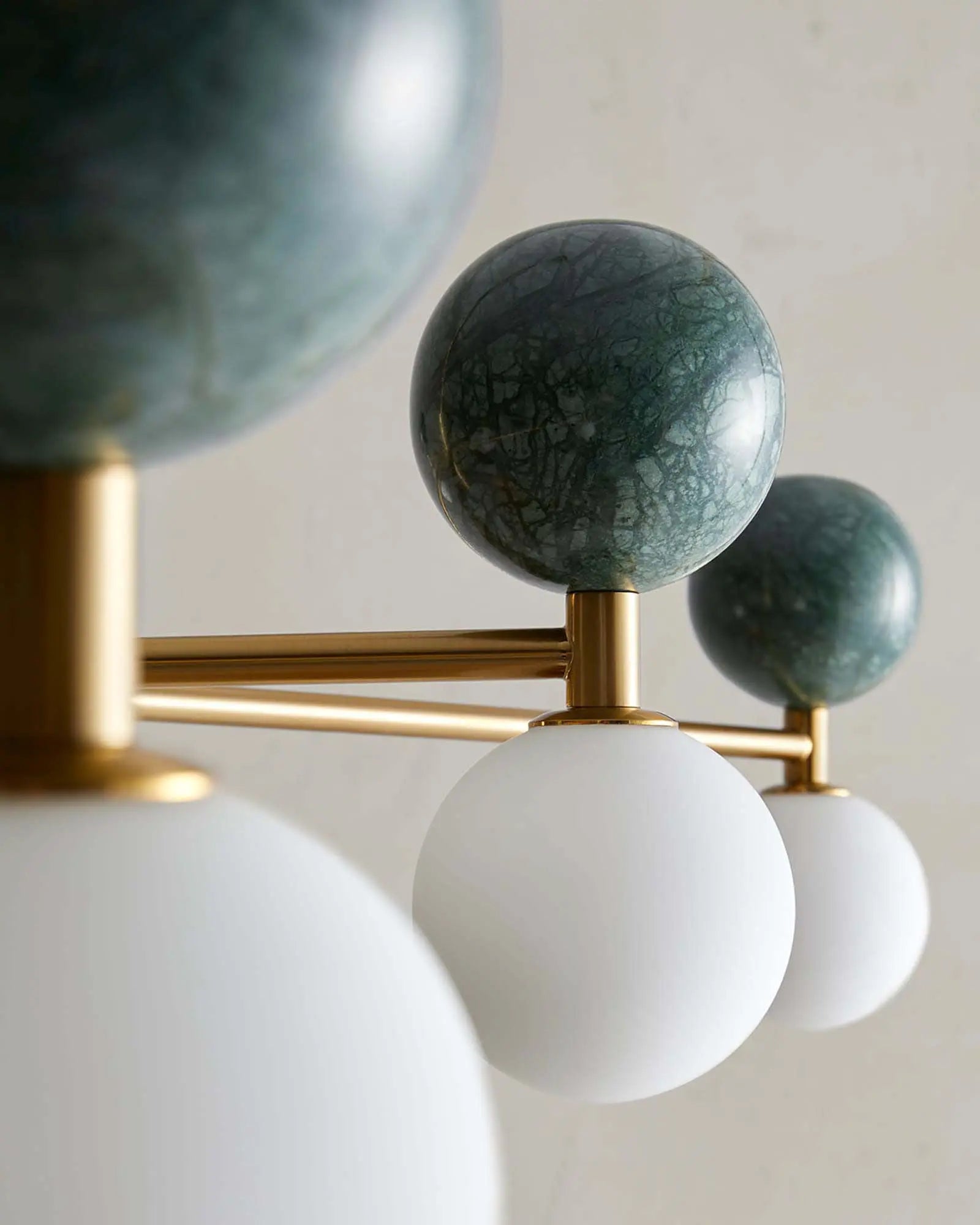 Dalt 6 pendant light marble and opal spheres brass details