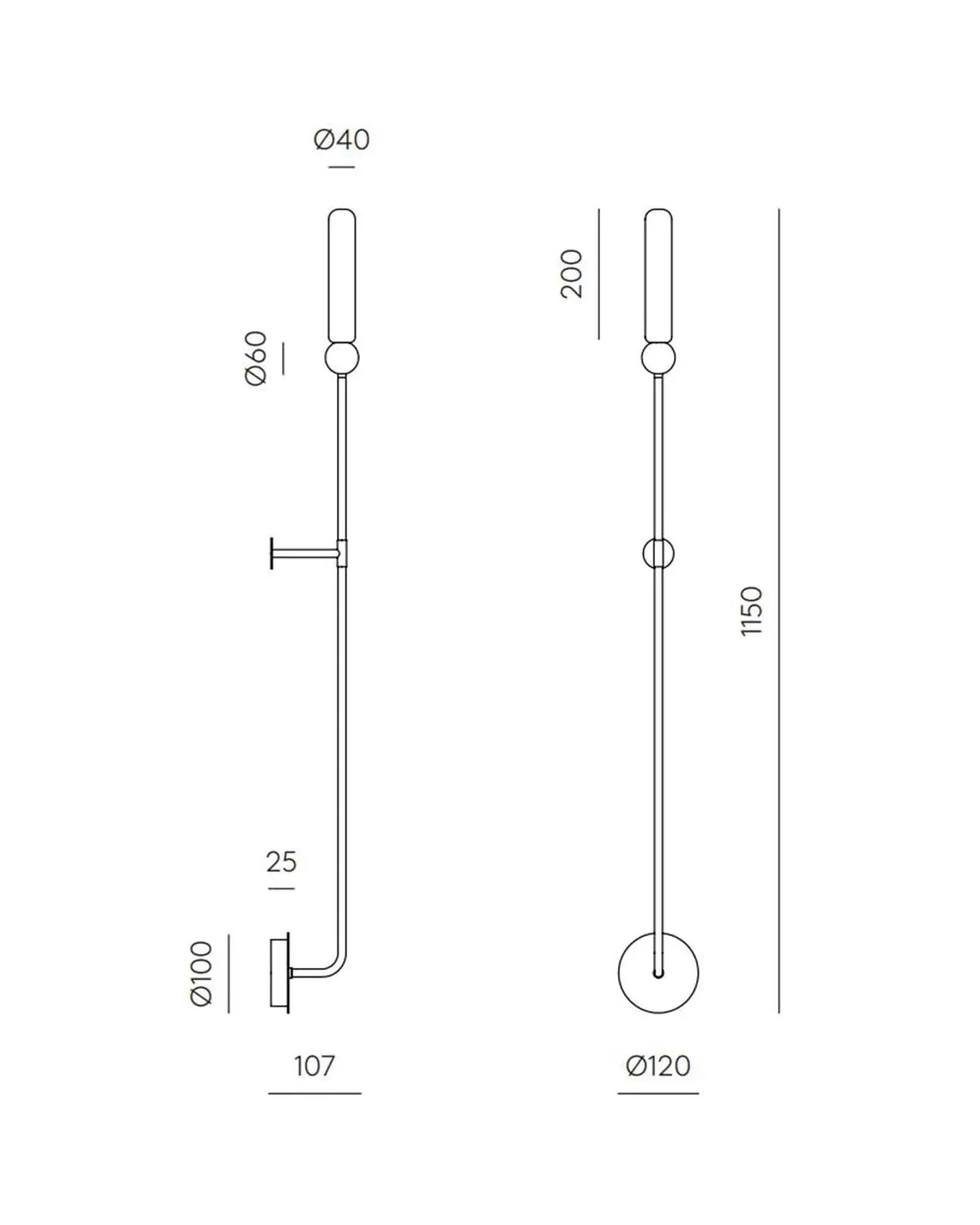 Delie Long wall light with marble sphere and cylindrical opal shade sizes