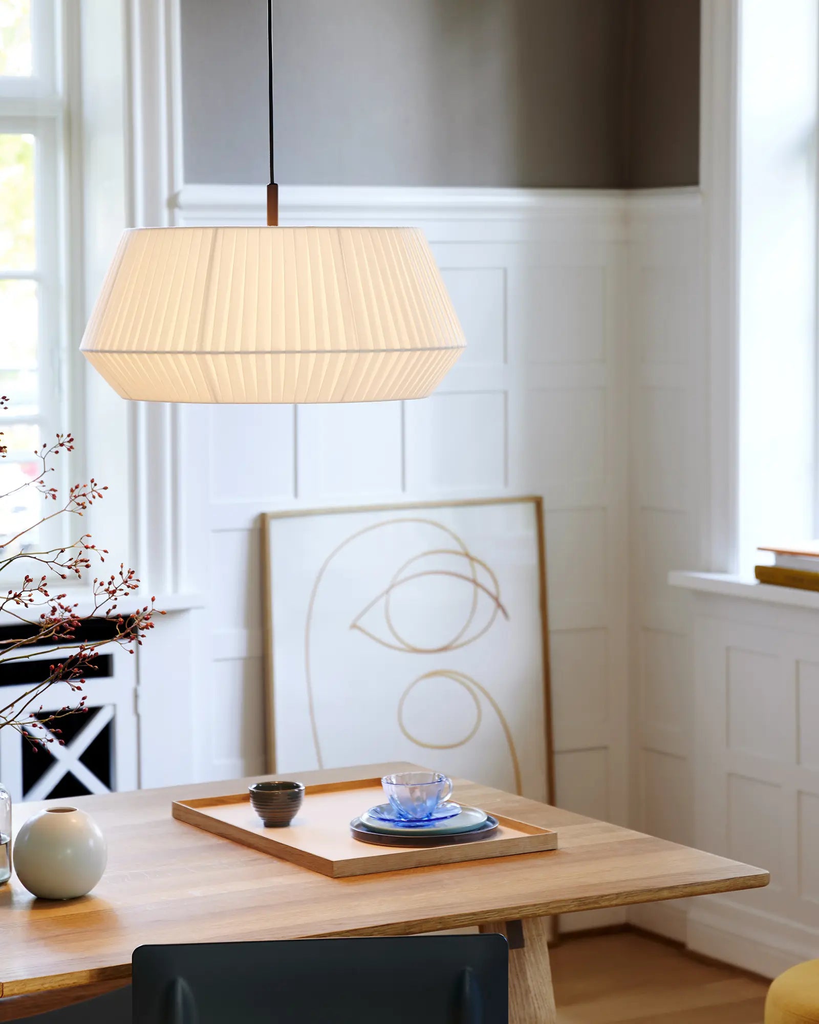 Dicte fabric scandinavian pendant light above a desk