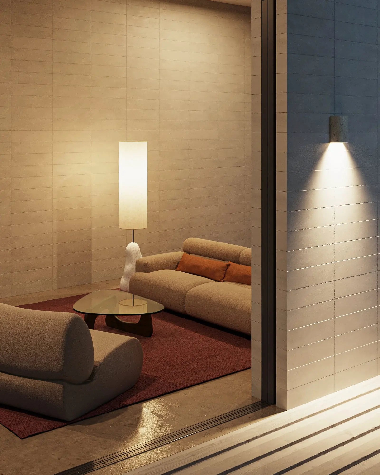Dusk outdoor handmade ceramic wall light on exterior wall near entry door