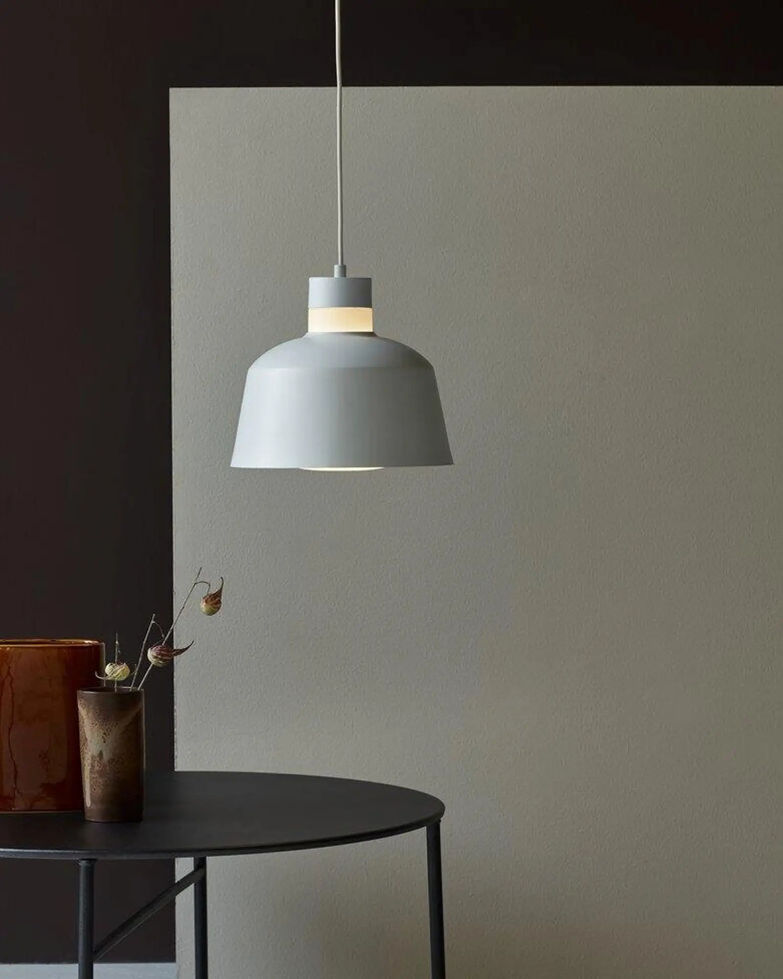 Emma Scandinavian contemporary pendant light white above coffee table