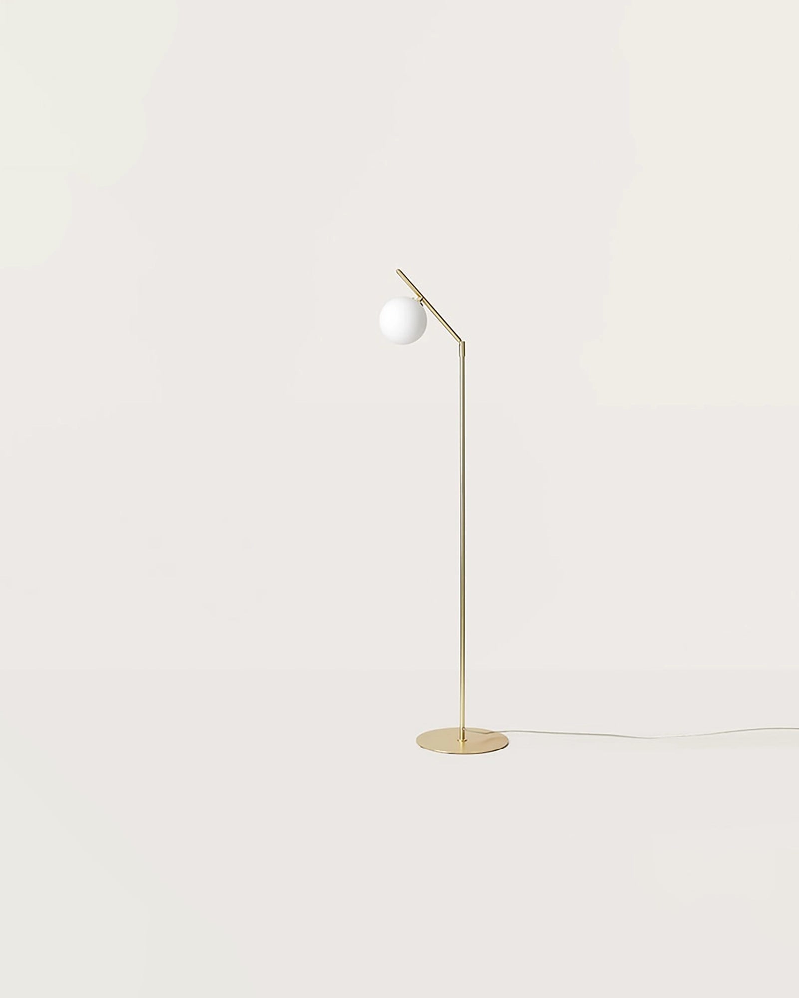 Endo Floor Lamp, minimalistic Scandinavian white orb opal shade brass