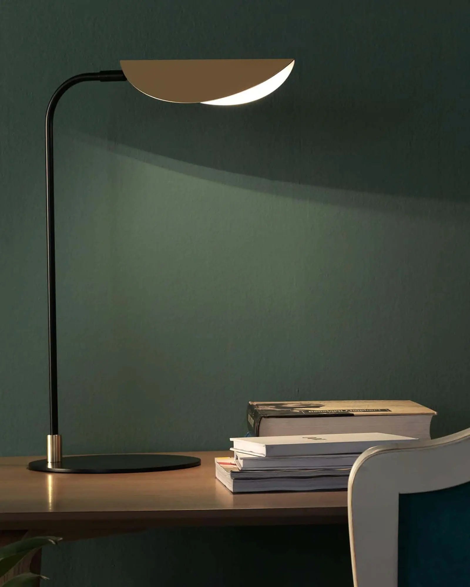 Ficus contemporary minimal table lamp with brass shade on a desk