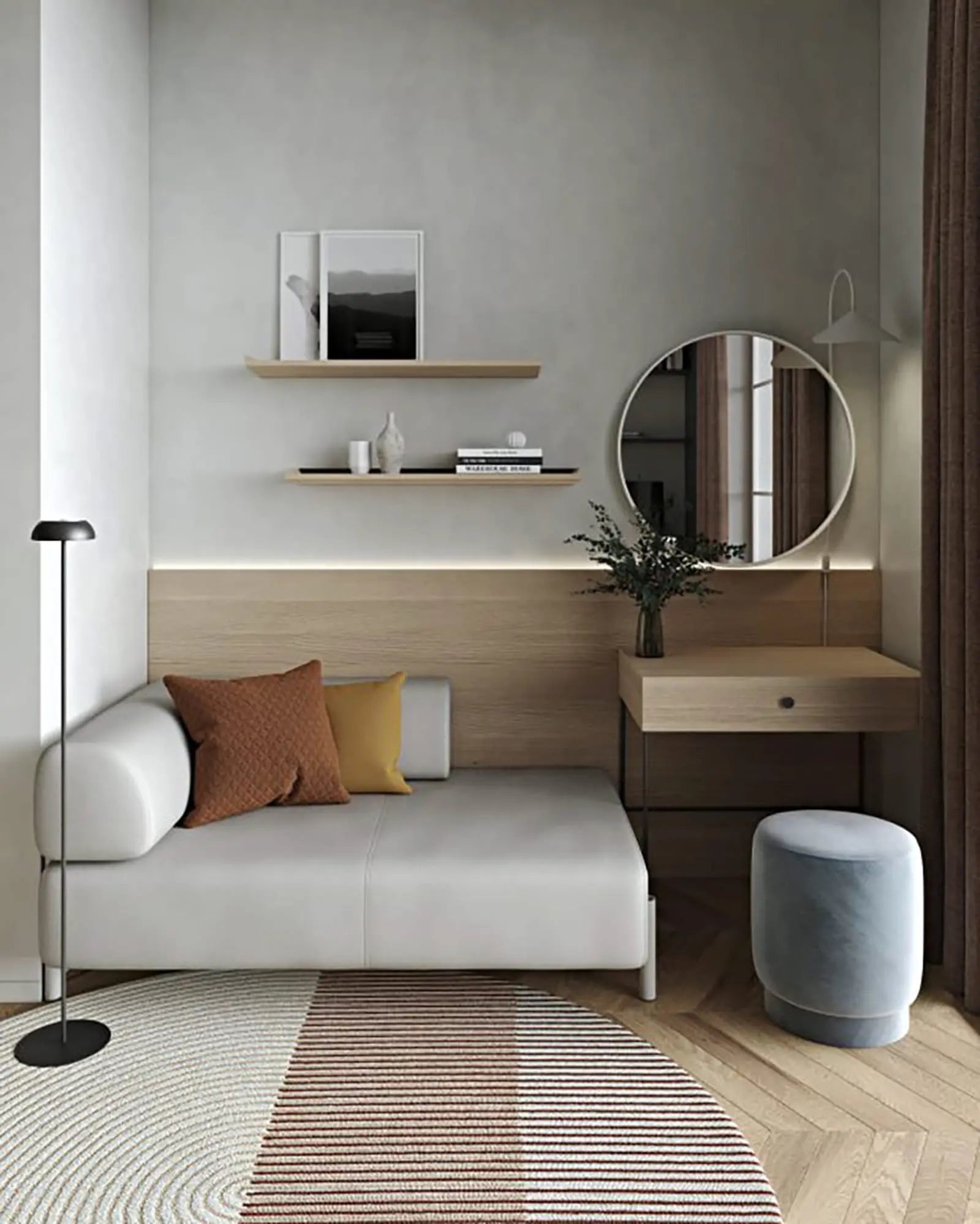 Float outdoor and indoor rechargeable floor lamp in a living area