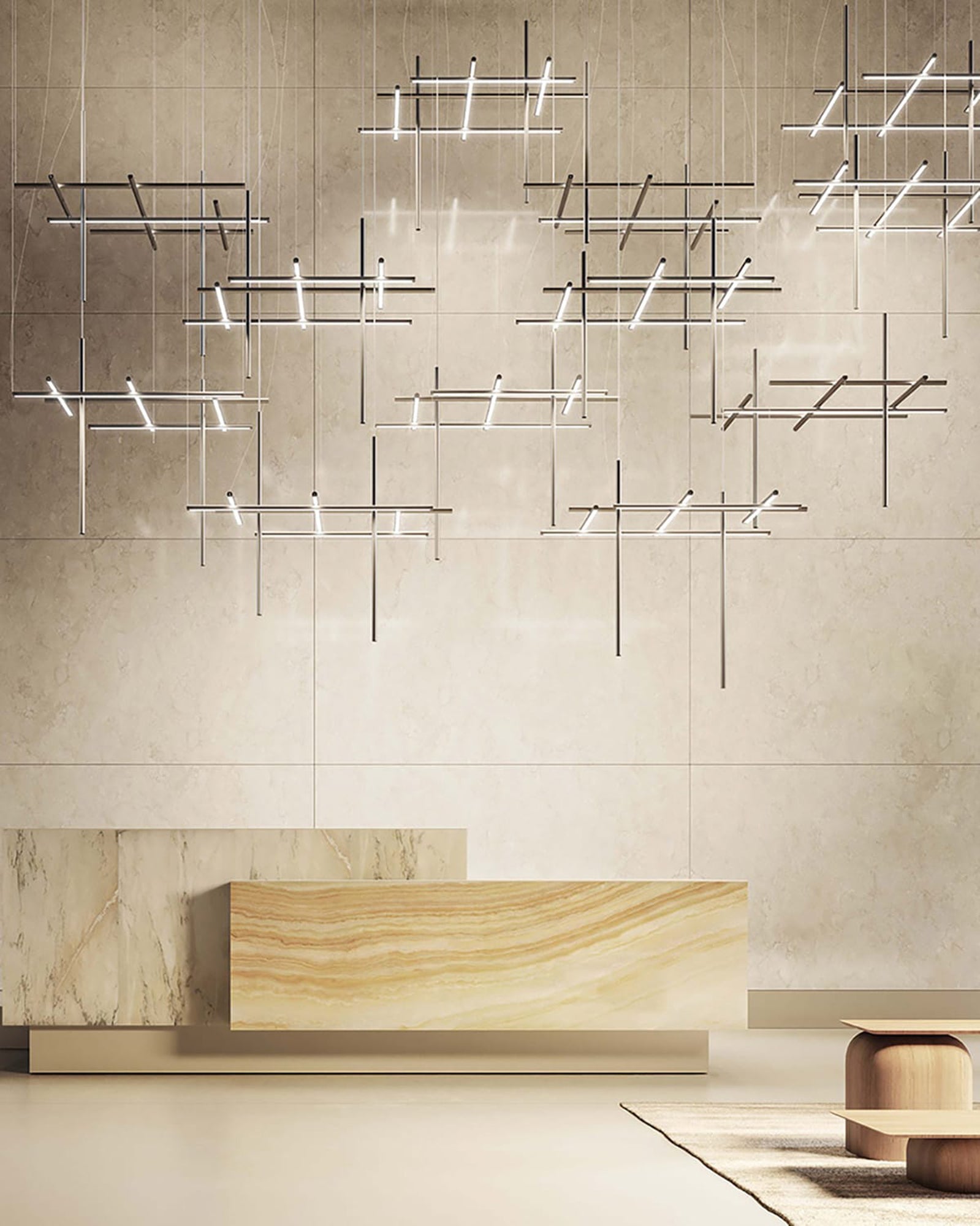 Hilow line pendant light cluster above a reception