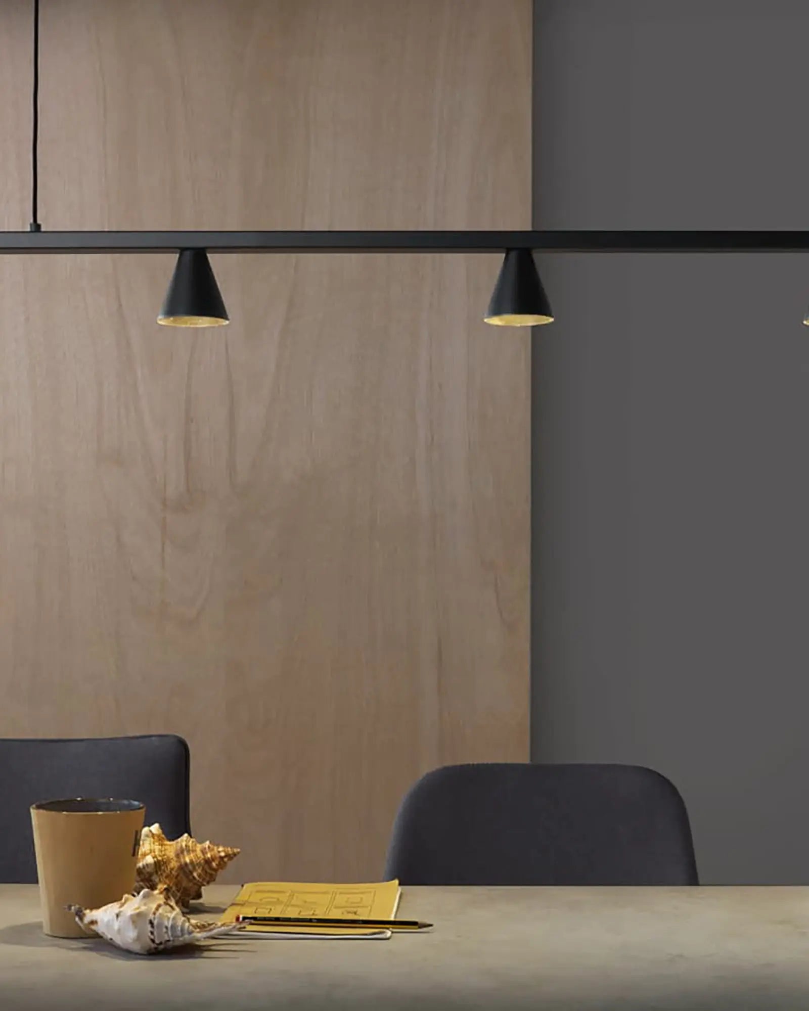 Lyb linear contemporary 5 lights pendant light with conic shades above a desk