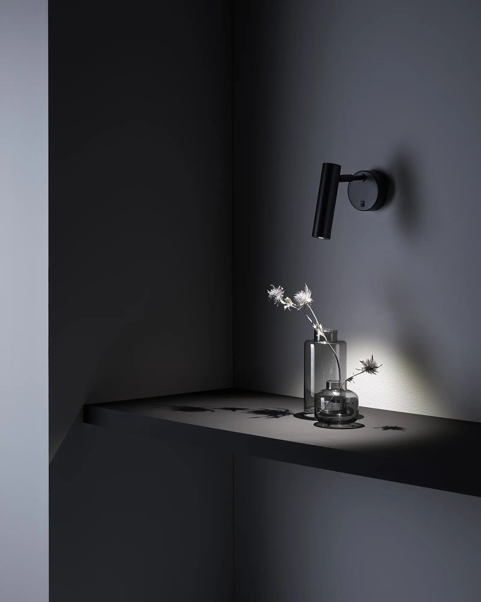 Maru adjustable minimal spot wall light in black above a shelf