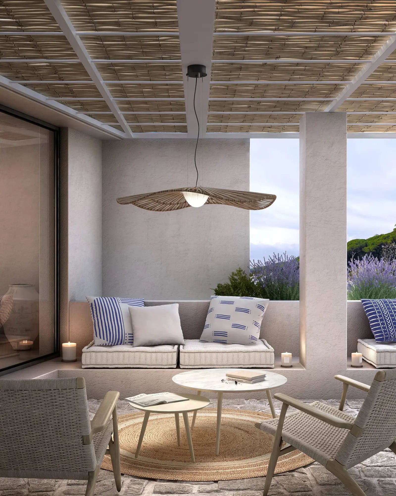 Mediterrania coastal outdoor large pendant light above an outdoor entertainment area