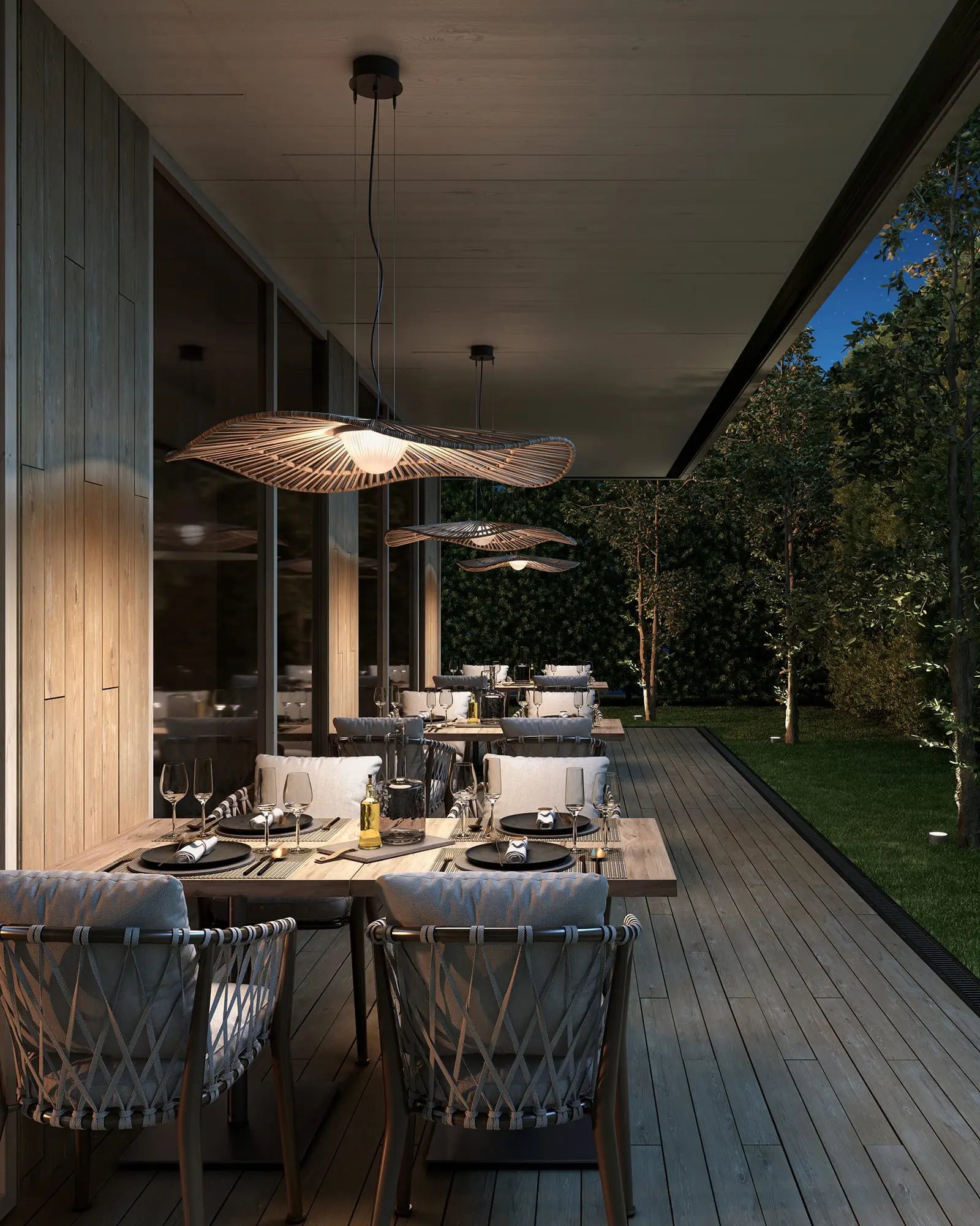 Mediterrania coastal outdoor large pendant light above dining tables