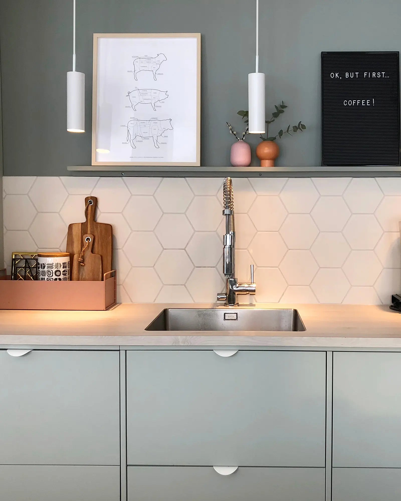 Mib 6 adjustable Scandinavian pendant light cluster above kitchen