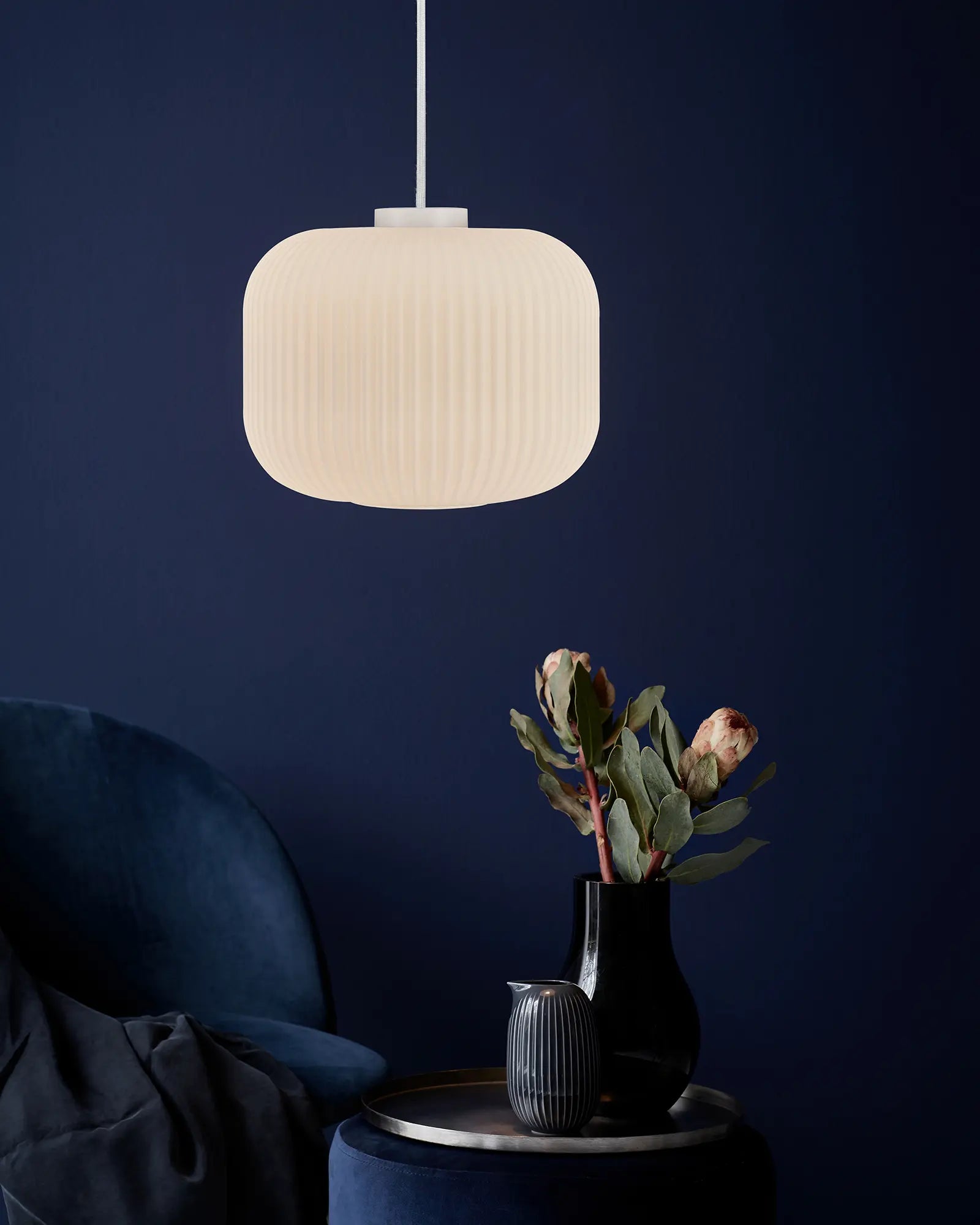 Milford opal glass and white pendant light Oriental lantern style 30 over a coffee table
