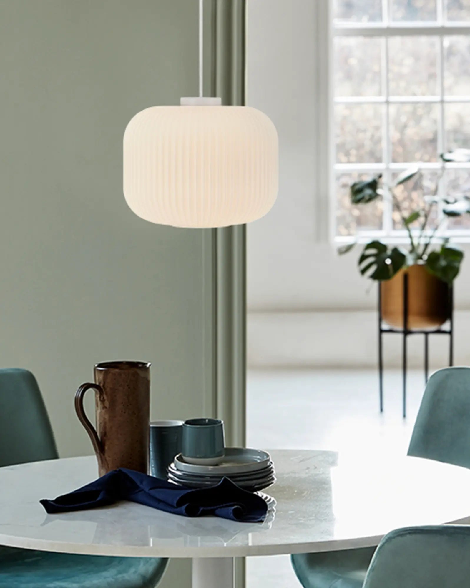 Milford opal glass and white pendant light Oriental lantern style 30 over a coffee table
