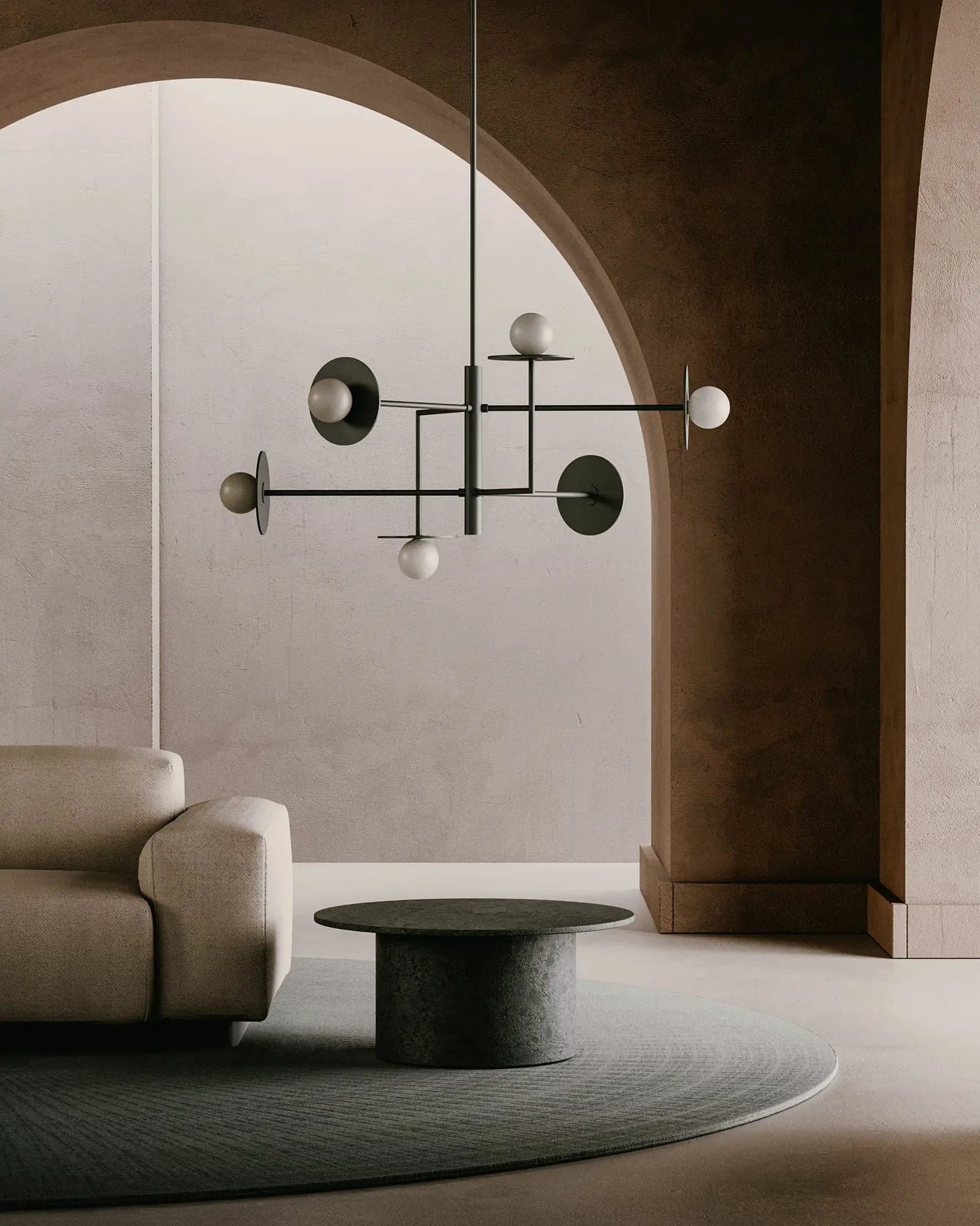 Miro 6 Lights opal orb shades and metal disc geometric contemporary pendant light above a sofa and coffee table