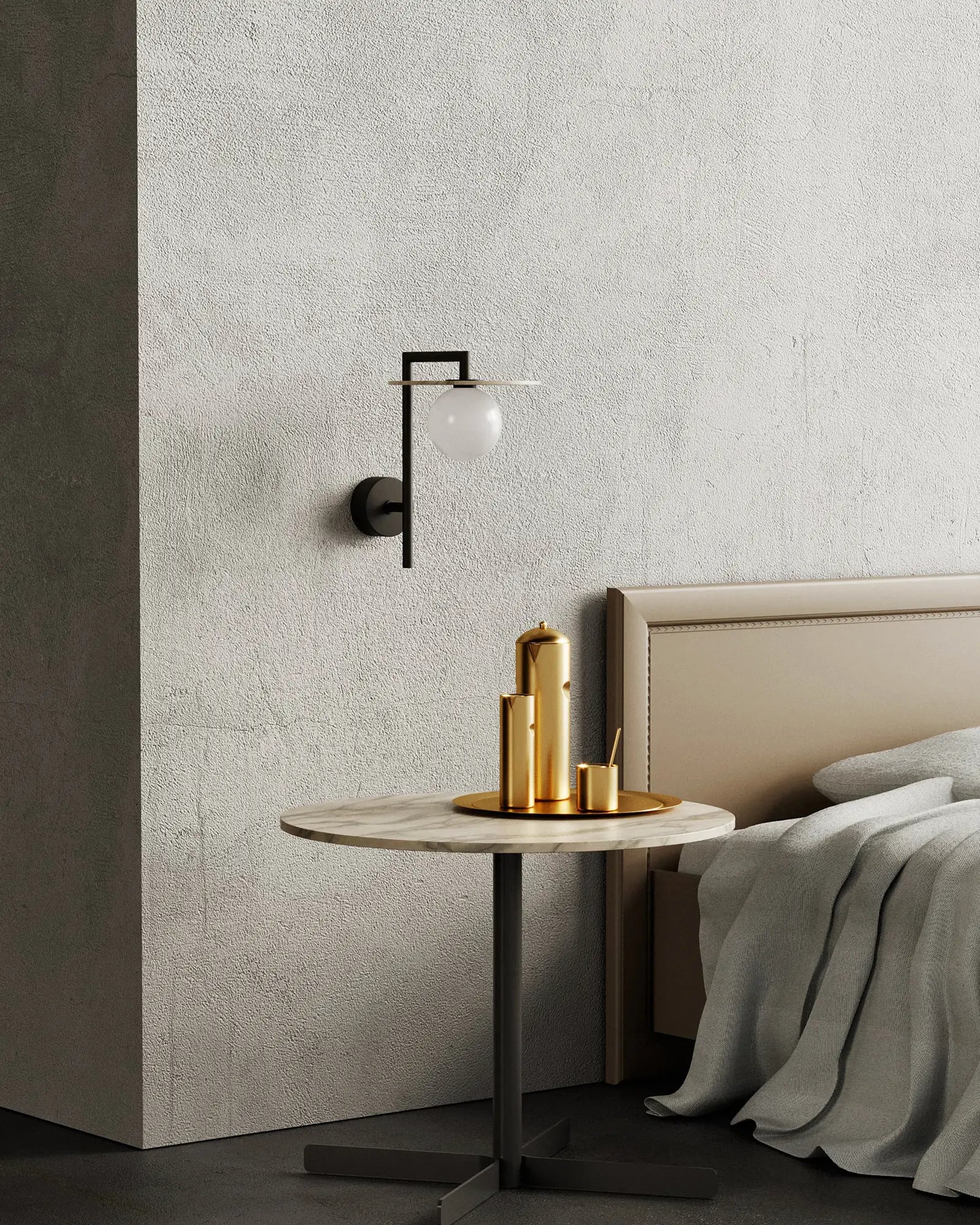 Miro orb opal glass shade and alabaster disc contemporary wall light above a bed side table