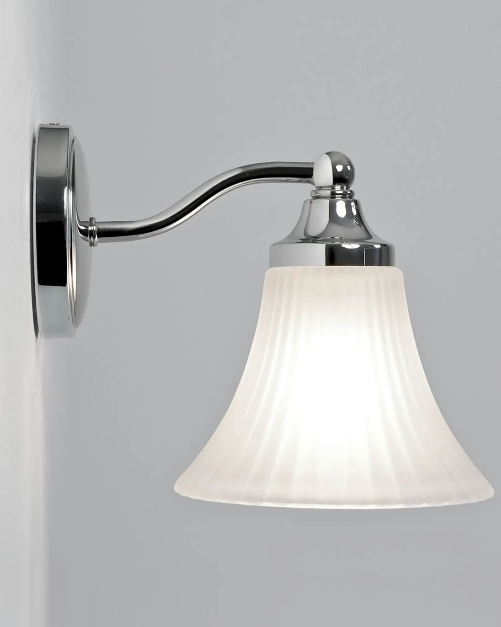 Nena Classic bathroom wall light with chrome short gooseneck stem and opal glass shade