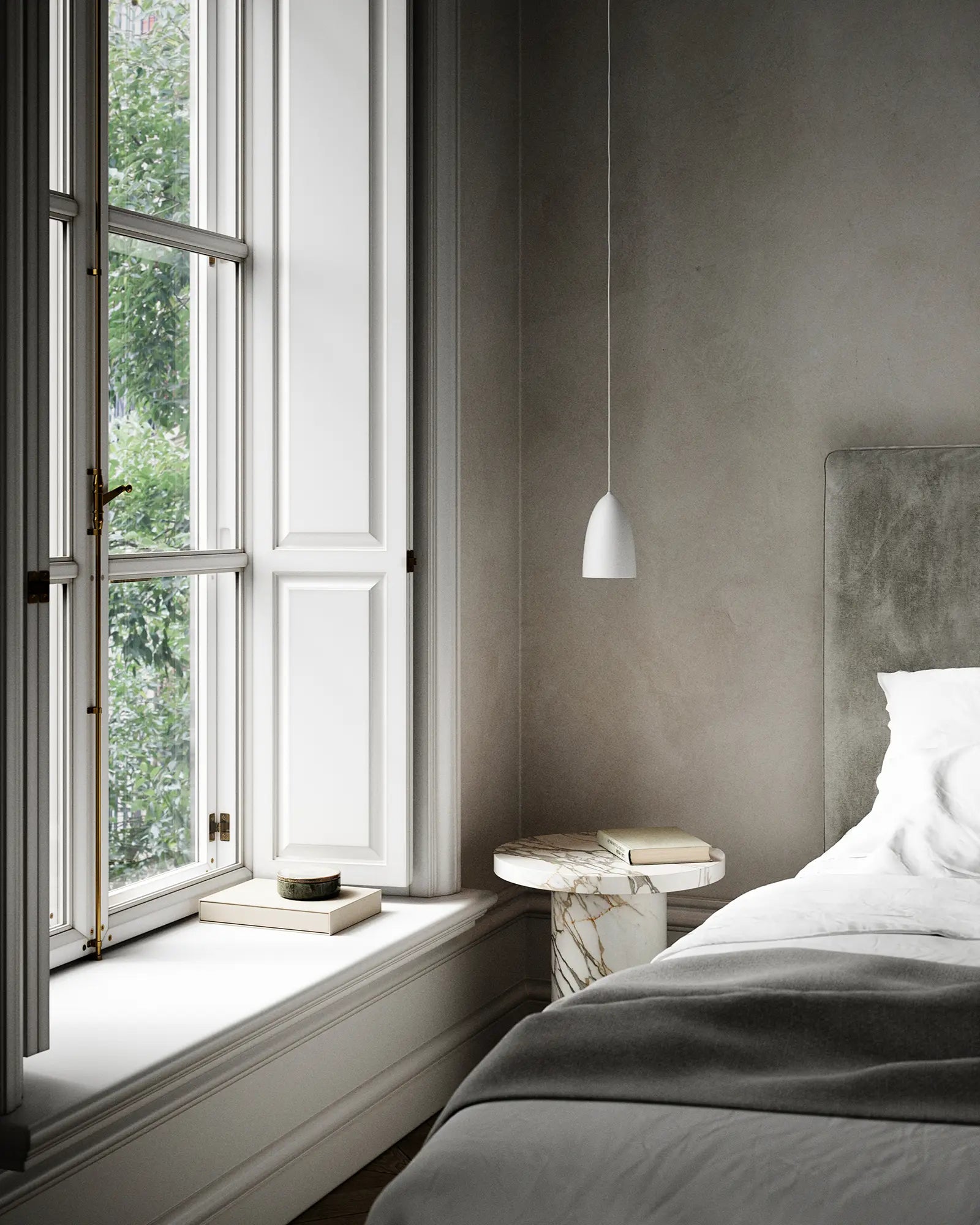 Nexus Scandinavian minimal pendant light in white bed side