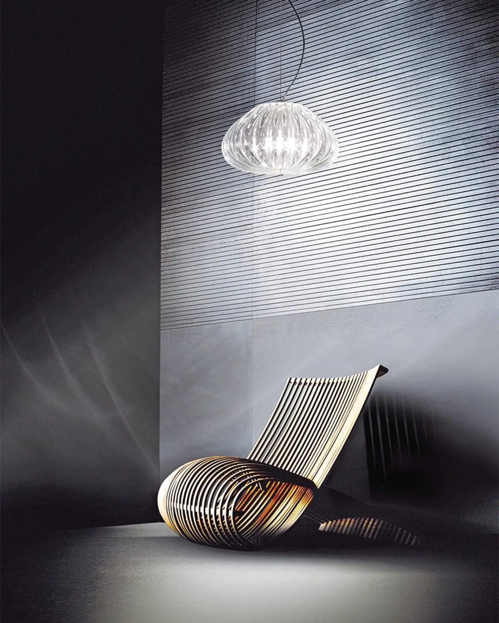 Diamante blown glass venetian pendant light above a chair