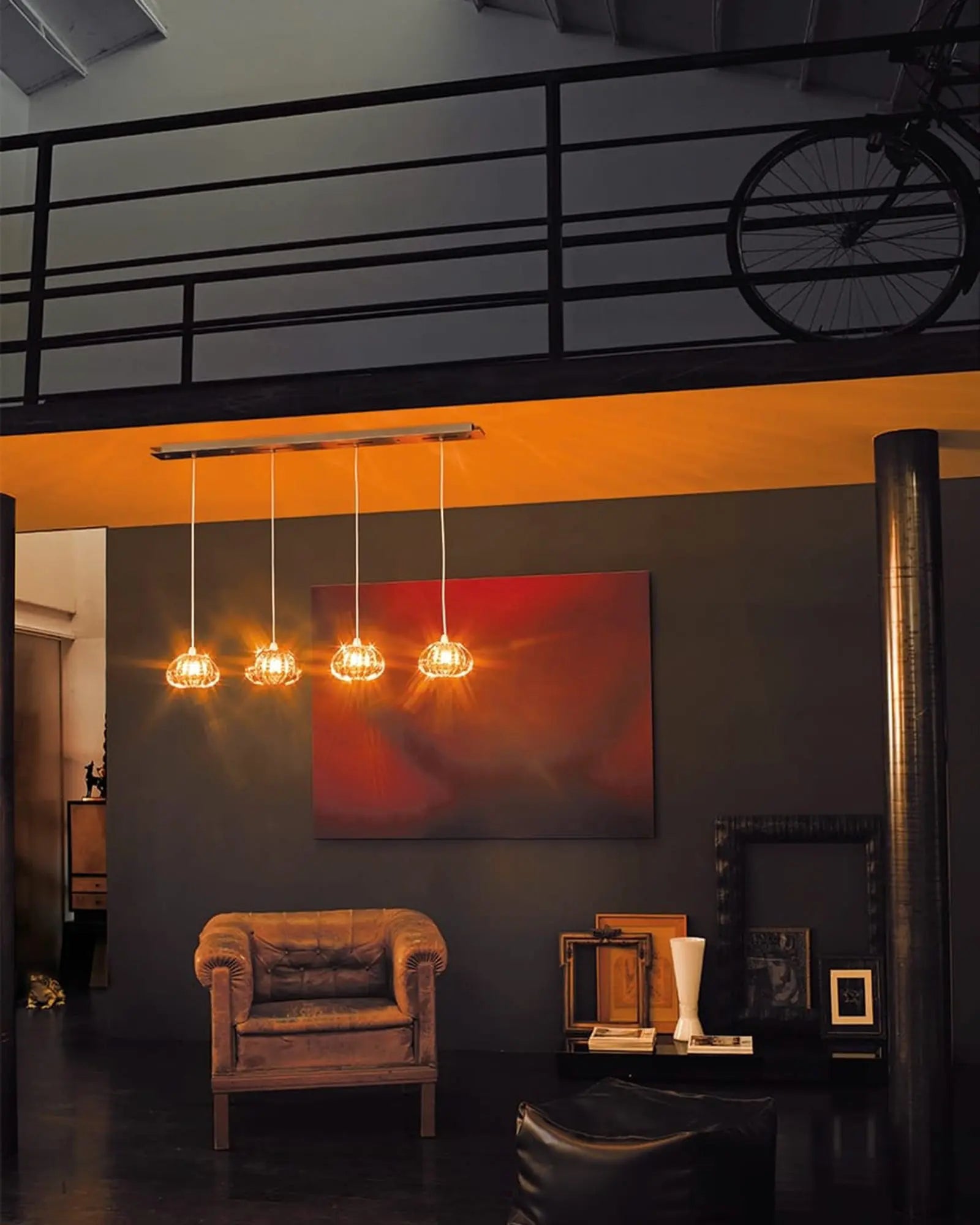 Diamante blown glass venetian pendant light cluster in a living area