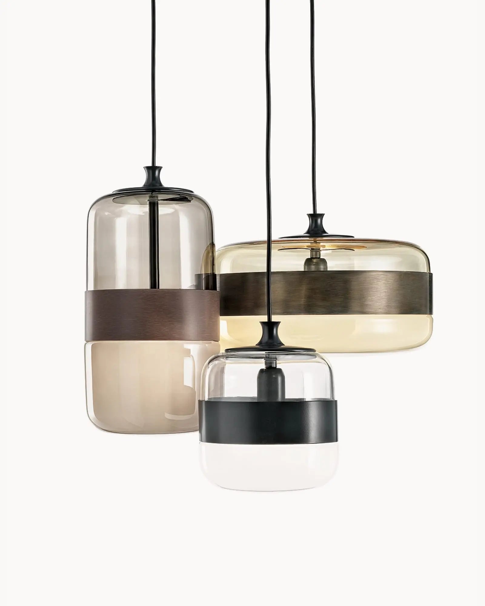 Fura Venetian mouth blown glass pendant bronze, black, and brass