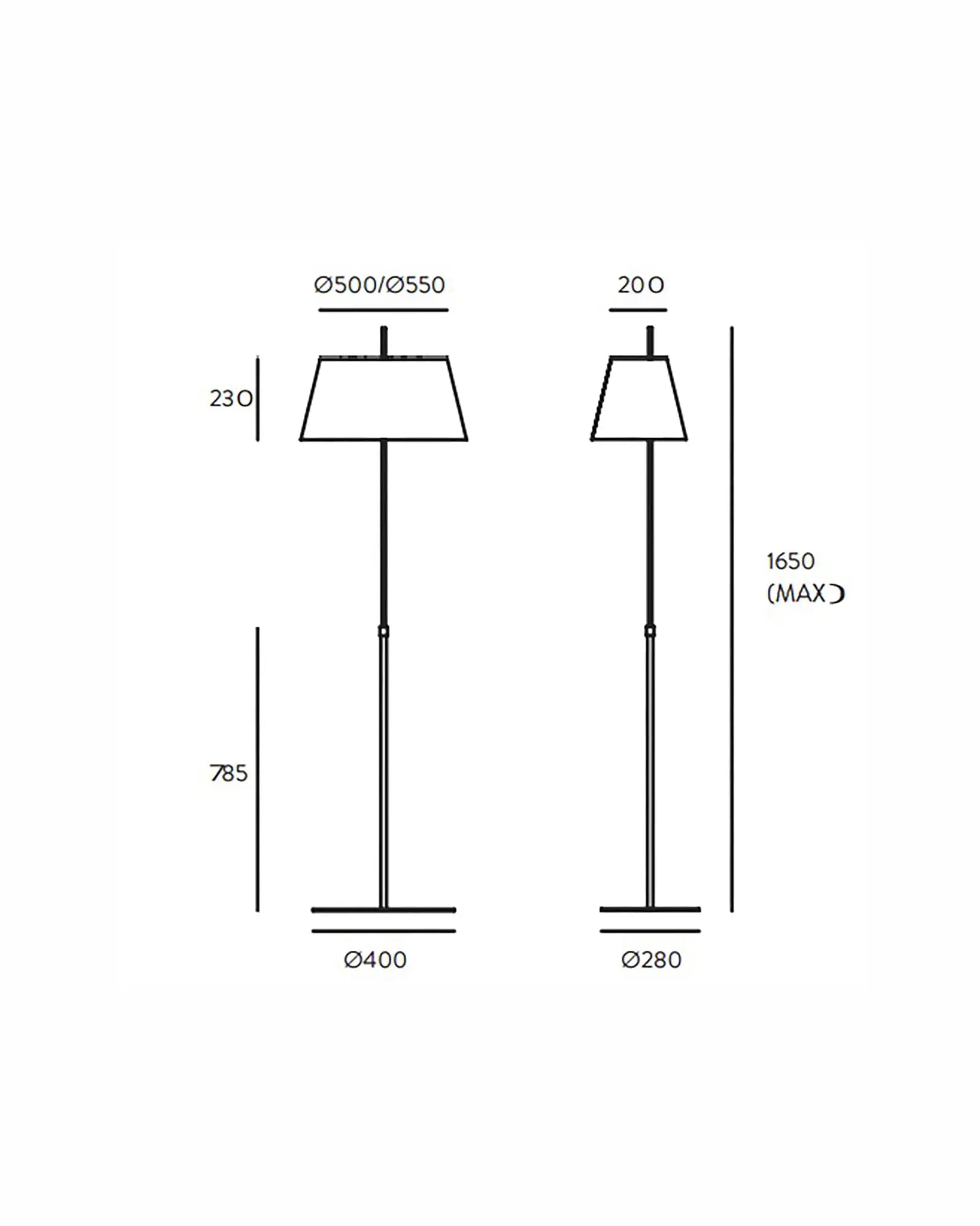Ona classic floor lamp with fabric shade and adjustable stem sizes