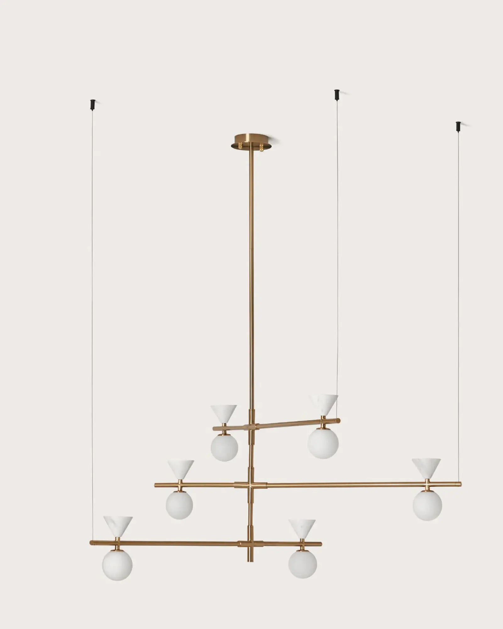 Oneta contemporary adjustable pendant light with 6 opal glass orb shades brass