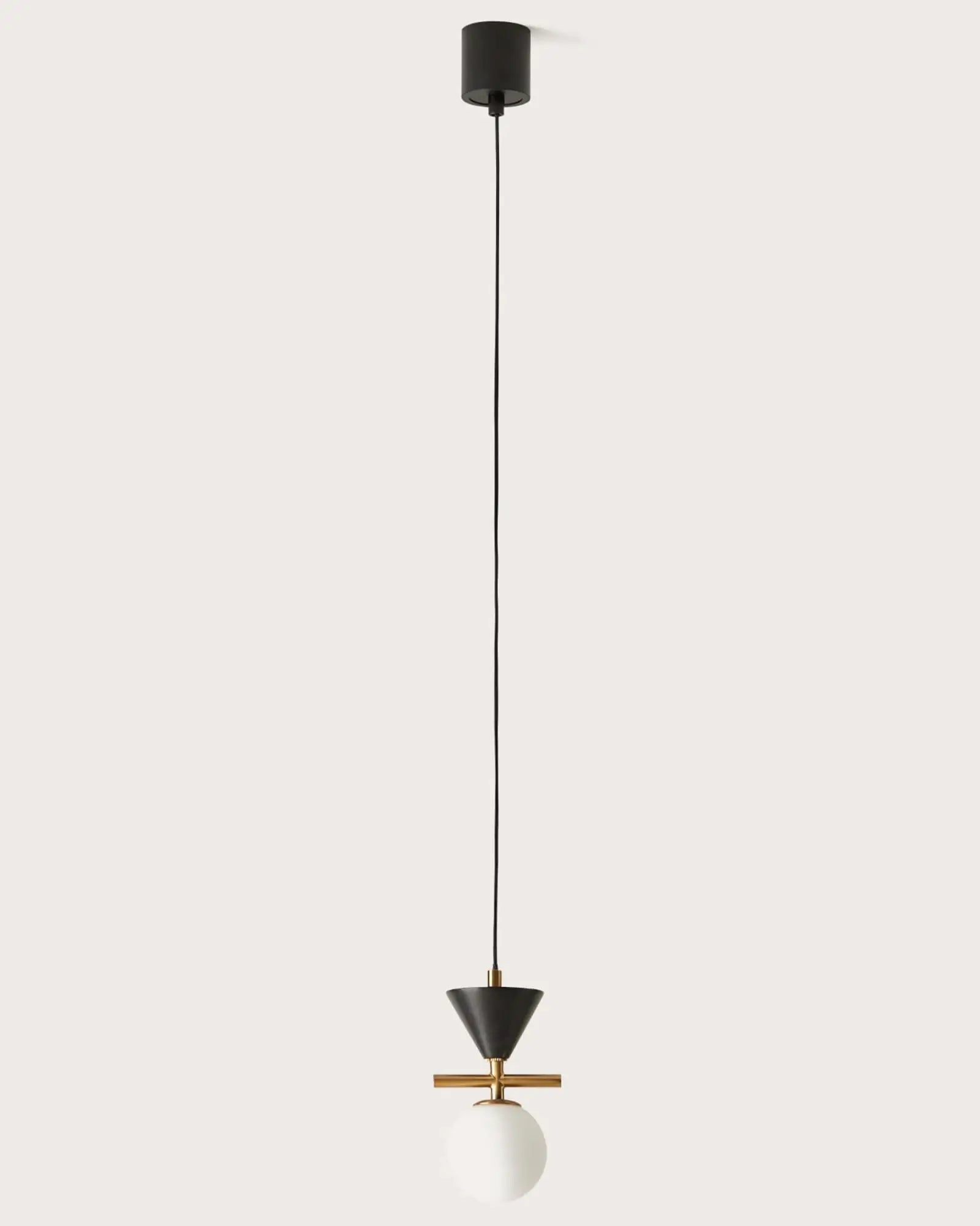 Oneta contemporary single pendant with opal glass orb shade brass and black