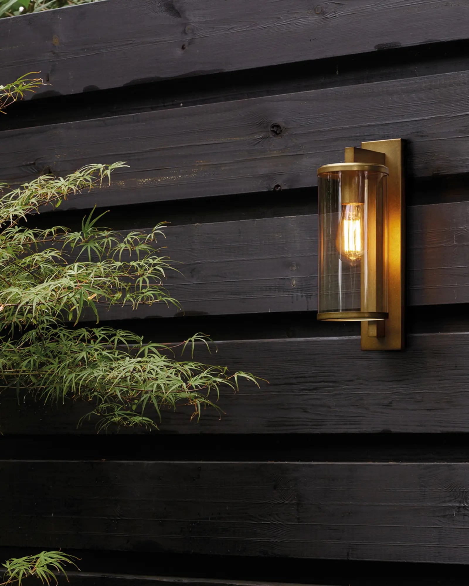 Pimlico Outdoor lantern style metal and glass wall light on cladded wall