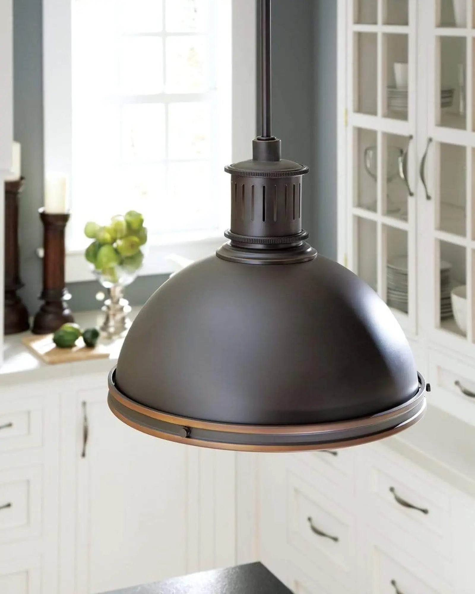 Pratt large dome pendant light  above a kitchen